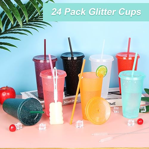 Vista 41 de Paquete de 24 vasos de plástico con tapas y popote, vasos reutilizables con tapas y pajillas, vasos coloridos para bebidas frías, café helado, vasos
