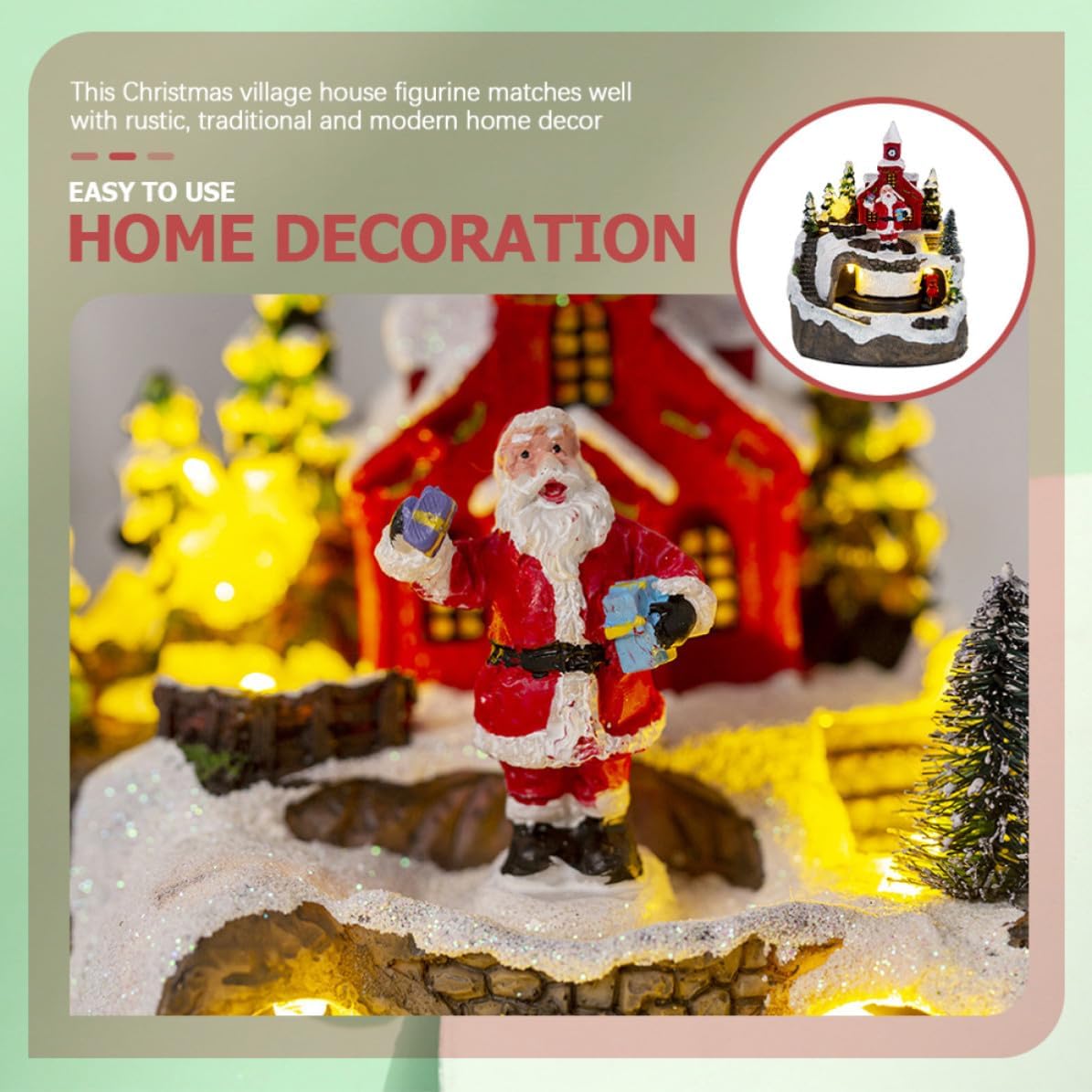Kichvoe Lighted Miniature Christmas House Figurine Rustic Home Decor with Music and Train Resin with USB Charging and Battery Powered Christmas Table Ornament