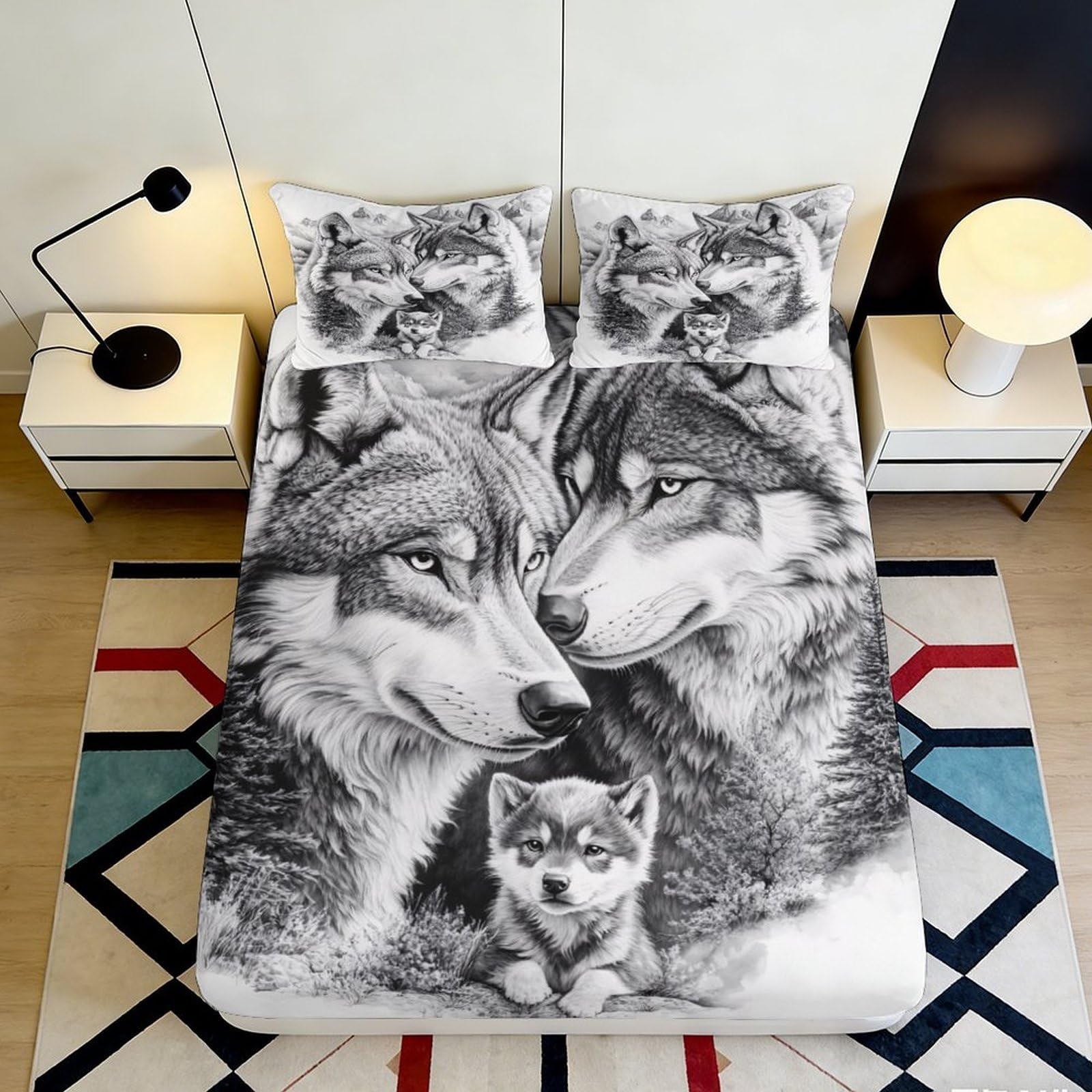 3D Printed Wolf Couple Fitted Sheet Microfiber Soft Breathable Forest Animal Mattress Cover for Bedroom Dorm Bed Decor 160x200x25cm