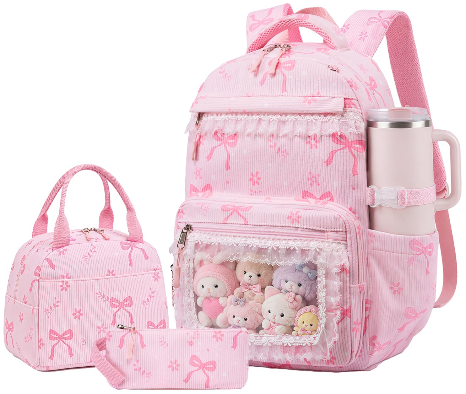 LEDAOU Rucksack für Mädchen, Schultasche, Kinder, Büchertasche, Teenager-Rucksack-Set, Tagesrucksack mit Lunchtasche und Federmäppchen, A-Spitze Schleife Rosa, 17.3"H x 12.2"L x 5.9"W | Kinder