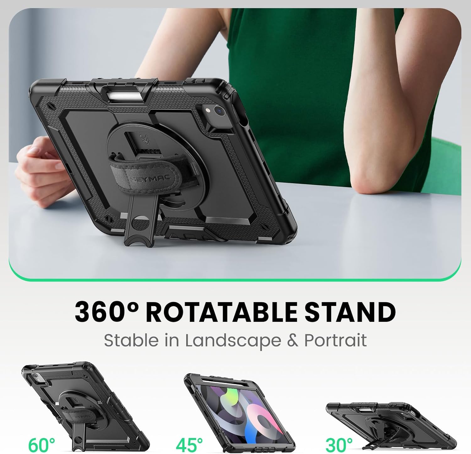 SEYMAC Case for iPad Air 5th/ 4th Generation 10.9 Inch, Full-Body Shockproof Protective Case with Screen Protector, Rotating Stand/Handle/Shoulder Strap/Pencil Holder for iPad Air 5/ Air 4, Black