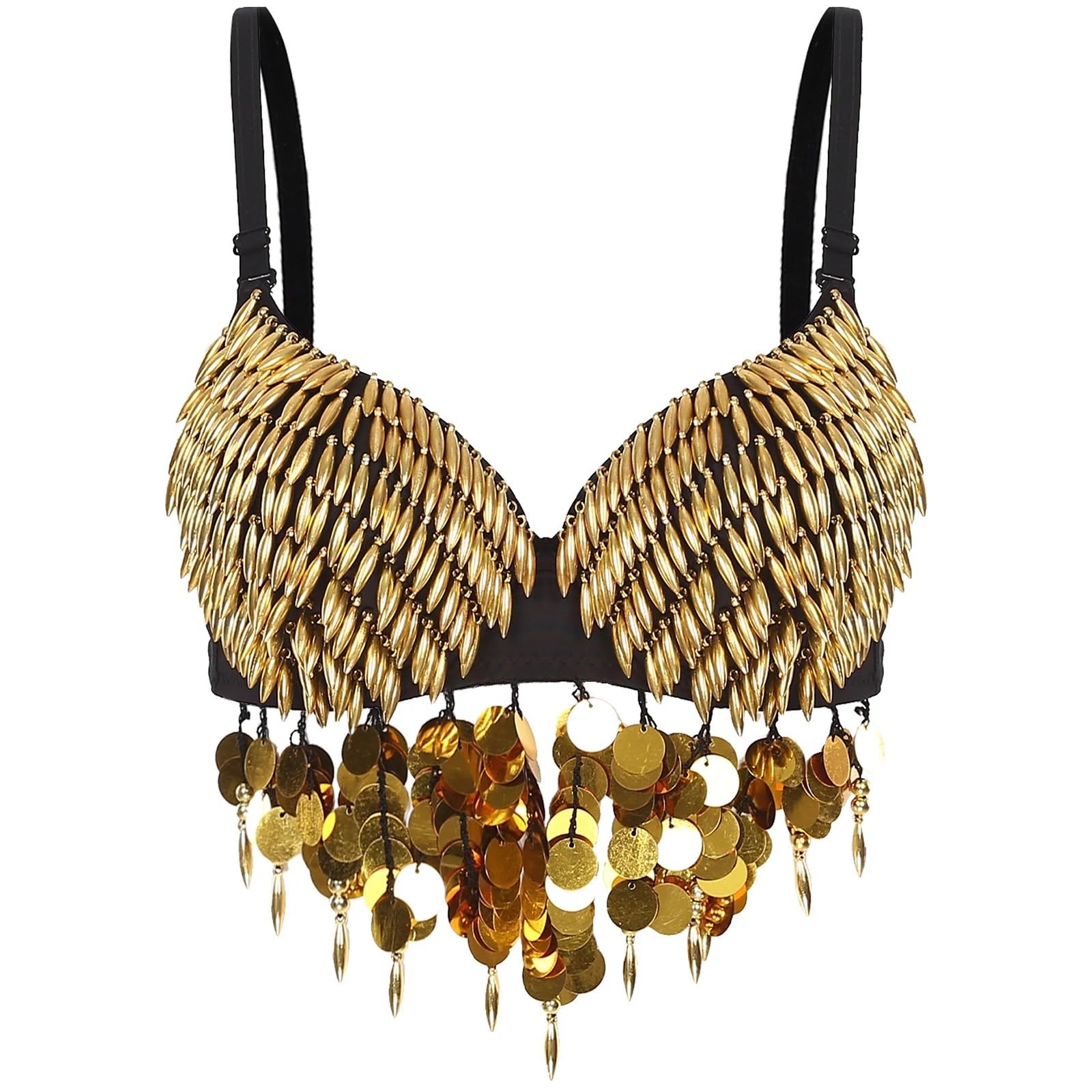 LIUHLFSR Women Shiny Belly Dance Bra Top Sequins Tassel Triangle Sexy Dancing Costumes Costume for Dancing Carnival Party(Gold,36)