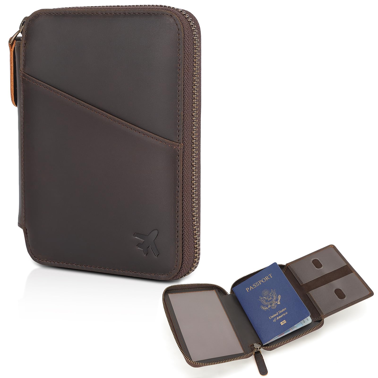Polare Full Grain Leather Pilot Wallet Trifold Travel Passport Holder RFID Blocking Cover Case Document Organizer for Aviation Professionals with YKK Zipper, Dark Brown, Trifold-image-14