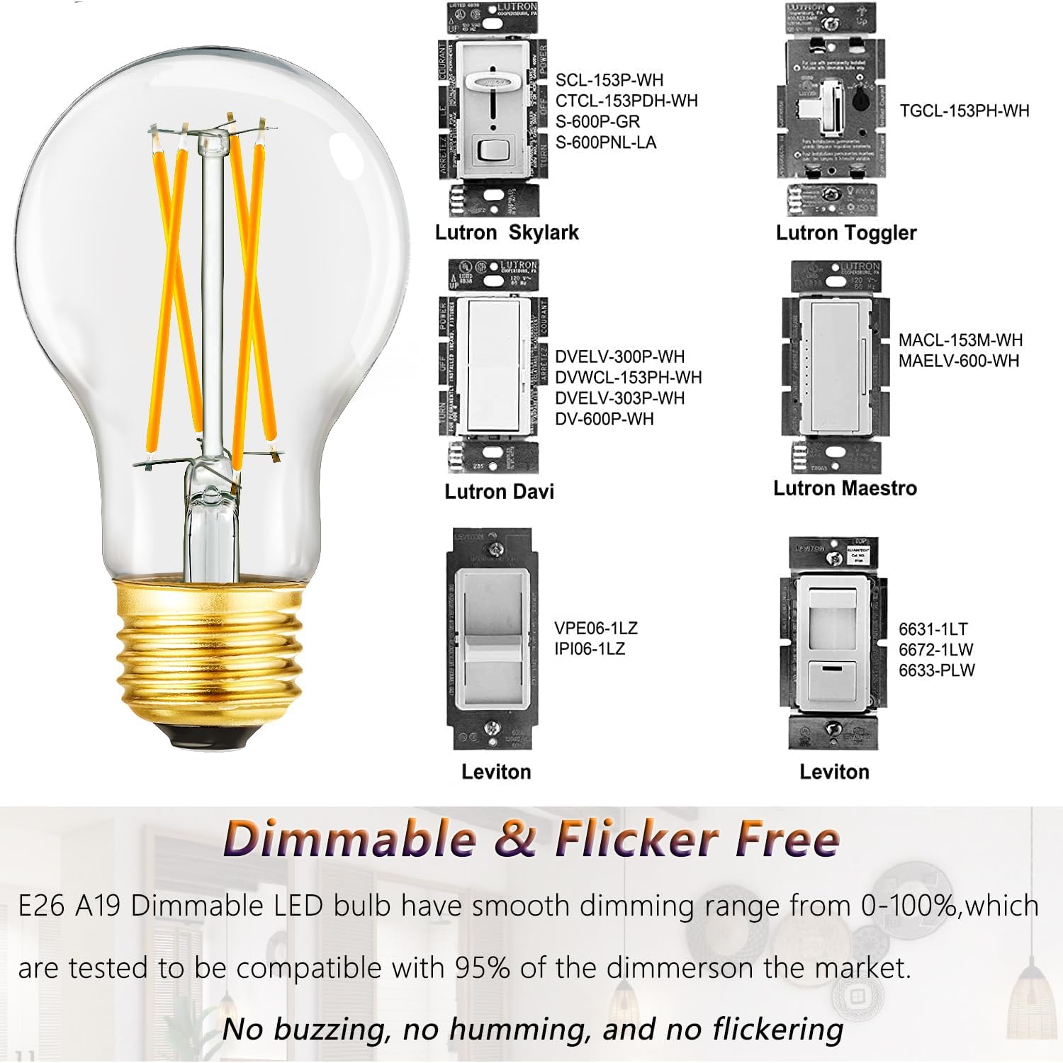 A19 Vintage LED Edison Light Bulbs 60 Watt, E26 Dimmable LED Filament Light Bulbs, Daylight White 5000K,6W Equal 60W Incandescent Bulbs,600LM, AC120V, A19 LED Bulb with 90 CRI,COCODI-6Pack (6W-5000K)