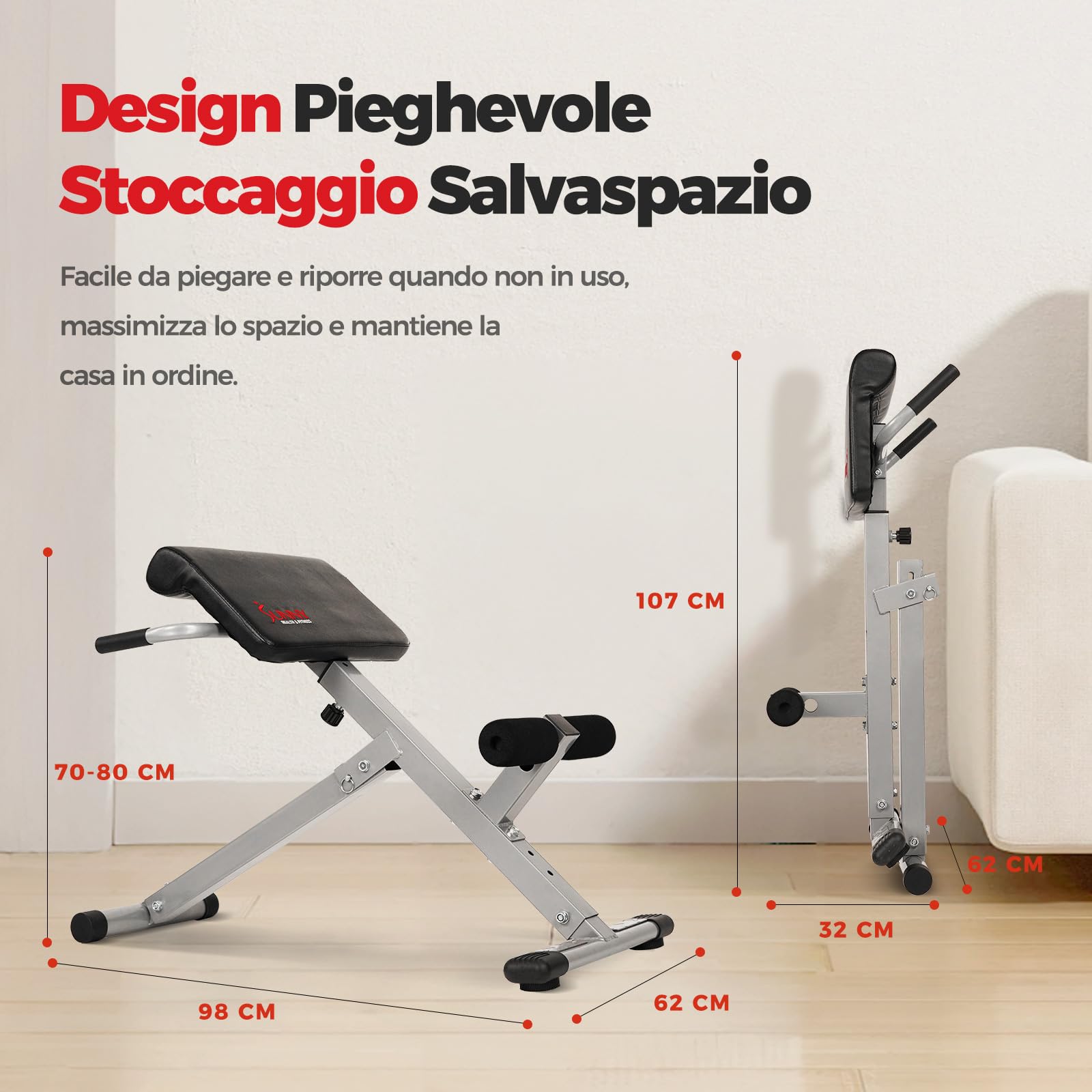 Sunny Health & Fitness Panca Hyperextension Roman Chair Pieghevole con Estensioni Schiena, Panca Addominali per Glutei e Addome, Inclinazione Regolabile e Attrezzatura Multifunzionale Robusta