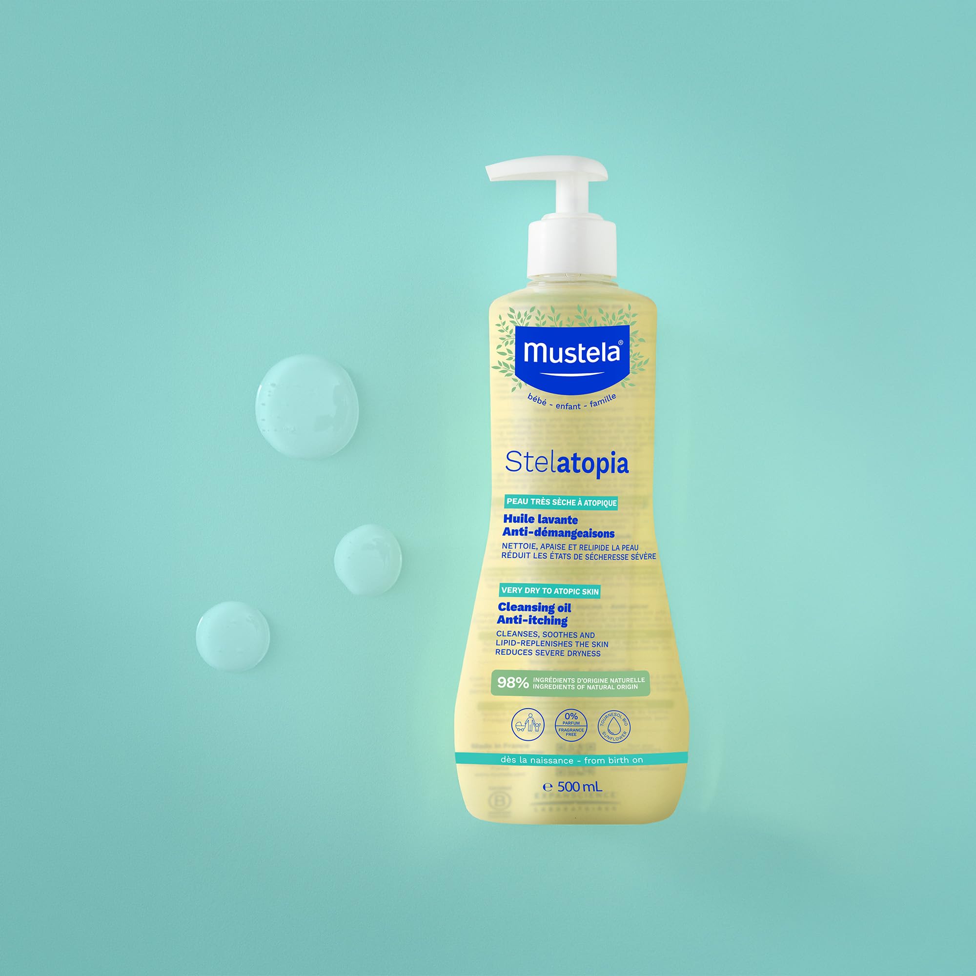 Mustela Stelatopia Olio Bagno per Pelle con Estrema Secchezza o Dermatite Atopica, Corpo e Capelli, Neonati, Bambini, Tutta la Famiglia - Detersione Quotidiana, Reintegra i Lipidi della Pelle (500ml)