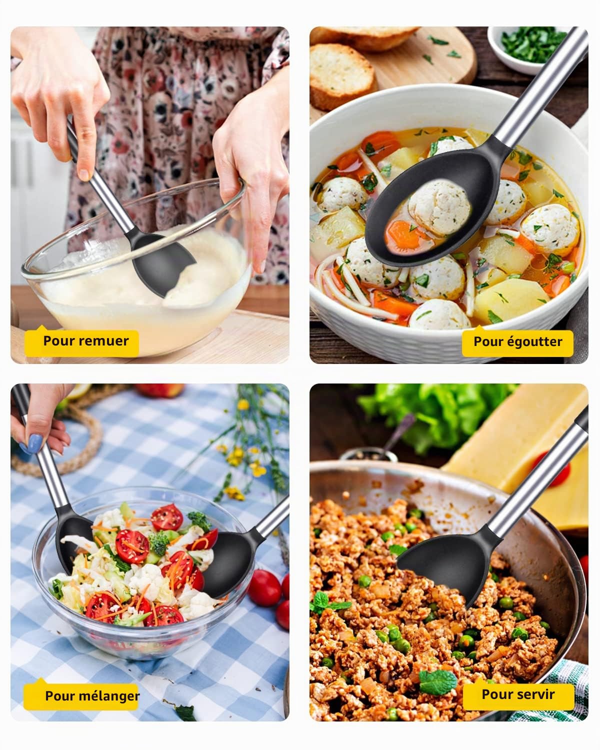 Lot de 2 grandes cuillères de cuisine en silicone, cuillère à badigeonner solide antiadhésive, ustensiles de cuisine résistants à la chaleur pour mélanger, servir, égoutter, remuer (Noire) | Grandes cuillères de cuisine résistantes à la chaleur pour mélan