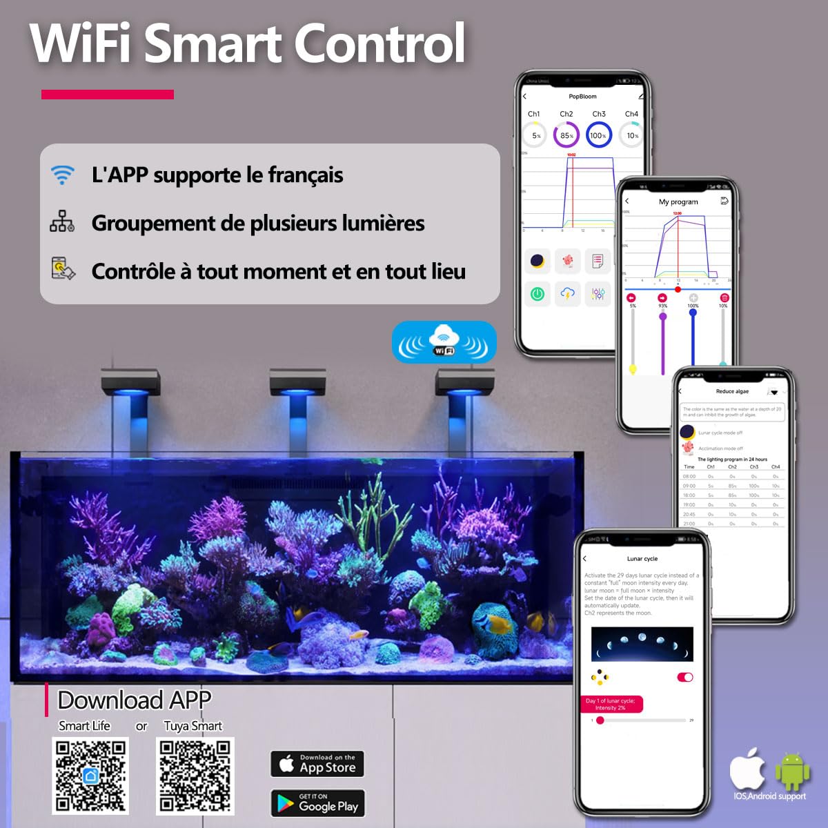 PopBloom RL90 WiFi Rampe LED Aquarium Eau de Mer 100W, APP Programme Marine Éclairage à Spectre Complet pour Aquarium de Corail, L'APP prend en charge le français (100W (RL90 Noir))