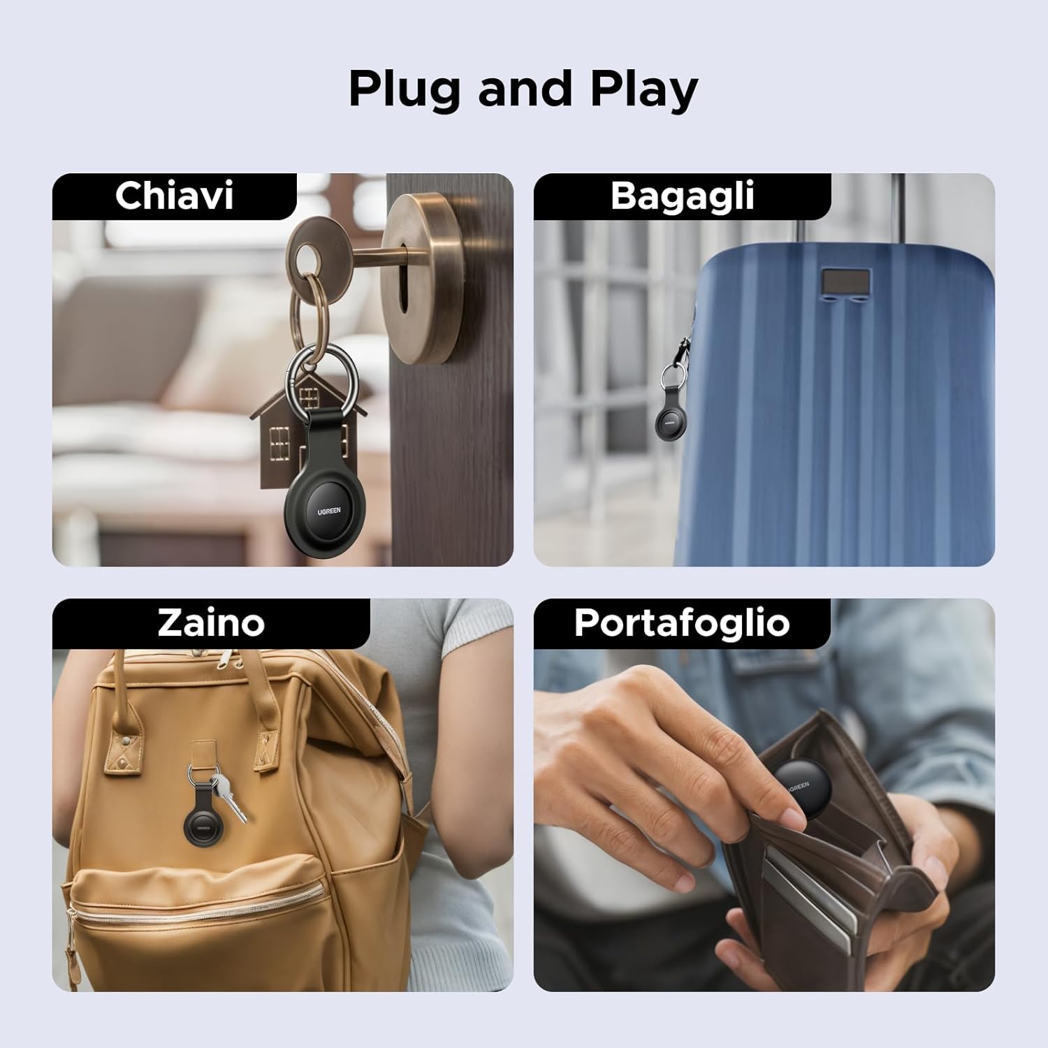 Four images showing the UGREEN FineTrack Mini Tag attached to keys, luggage, a backpack, and a wallet.