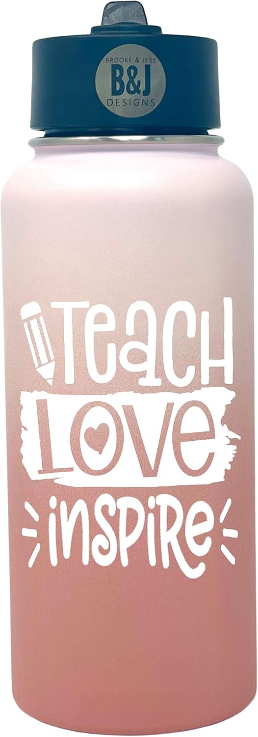 Brooke & Jess Designs Water Bottle, 32 oz, Stainless Steel, Teach Love Inspire Blush, Travel Mug, Double Wall, Insulated, Reusable, Hot Drinks, Teacher Gifts