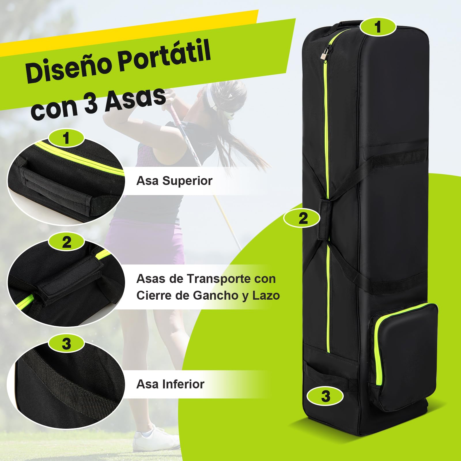 GOPLUS Bolsa de Golf Plegable con Ruedas, Funda de Viaje para Golf con 3 Asas y Bolsillo Lateral, Tejido Oxford Impermeable, Bolsa de Viaje con Cerradura y Llave, para Palos de Golf