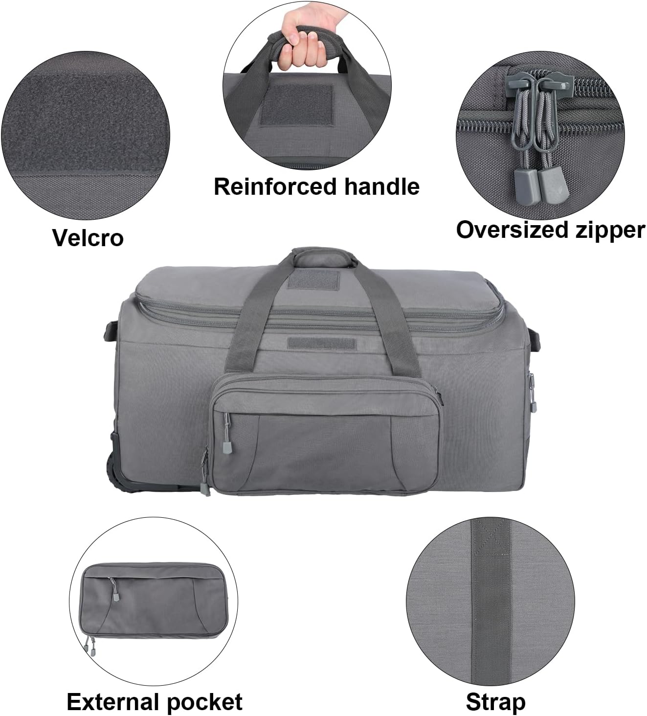 Military Tactical Wheeled Deployment Bag Rolling Duffel Trolley Bag for Camping (Grey)
