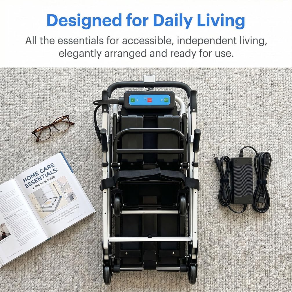 Silla de Ruedas eléctrica para Subir escaleras, Silla elevadora Plegable de Aluminio, batería 24V/13Ah, orugas de Goma, Silla de evacuación portátil para Ancianos y discapacitados,Negro