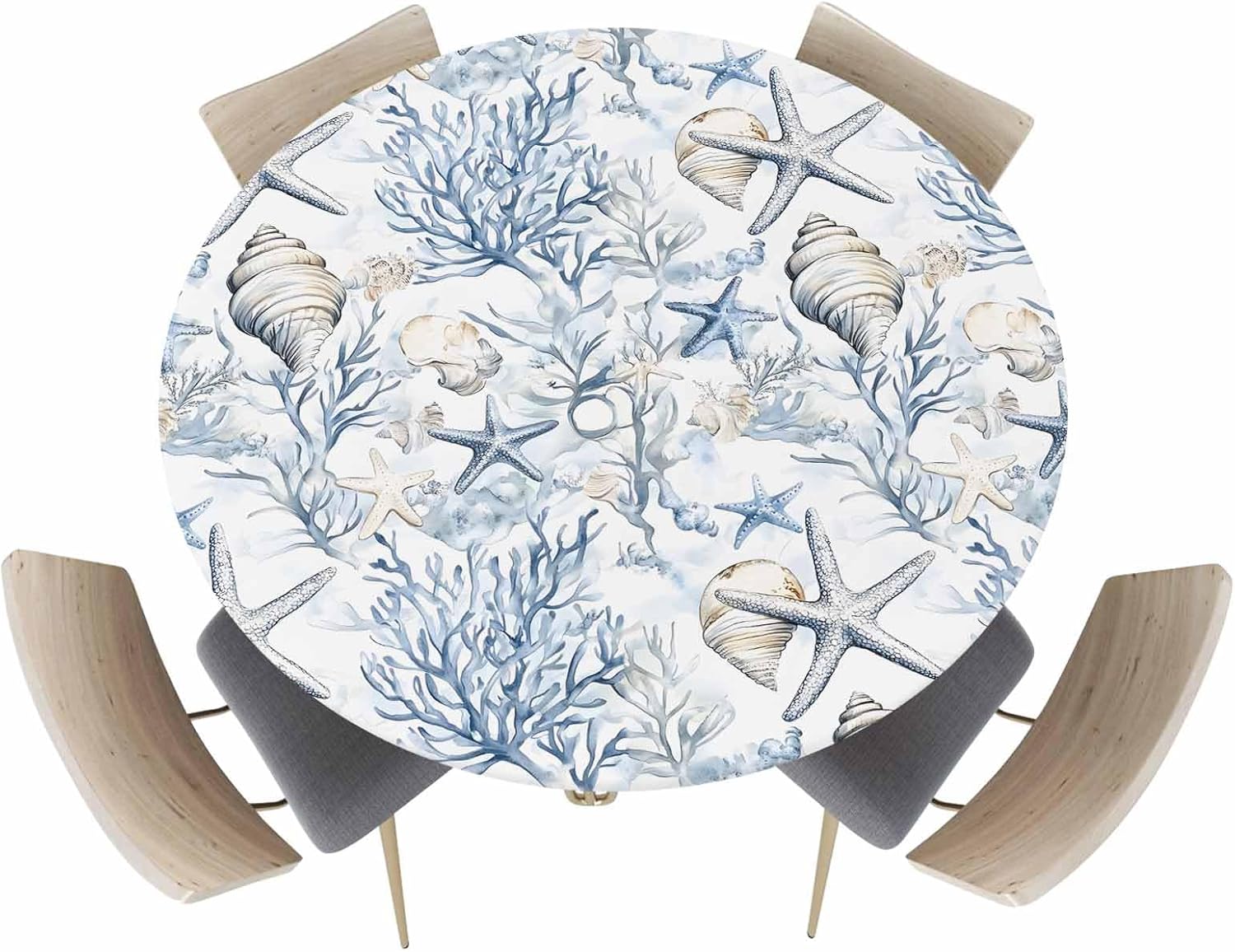 Fitted Tablecloth for Round Table, Retro Orange Starfish Table Cover with Elastic Edge Waterproof Table Cloth, Summer Blue Ocean Water Circle Table Covers for Kitchen Picnic Party