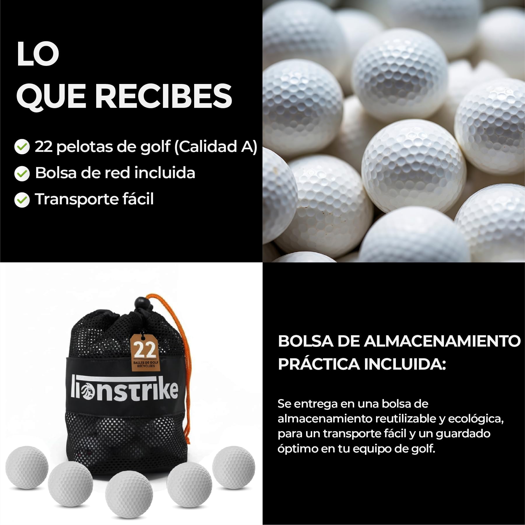 Lionstrike 22 pelotas de golf usadas, pelotas de lago de grado A, marcas mixtas, recicladas, lavadas y limpias, bolsa de almacenamiento de malla ecológica, opciones de mezcla de primera calidad y
