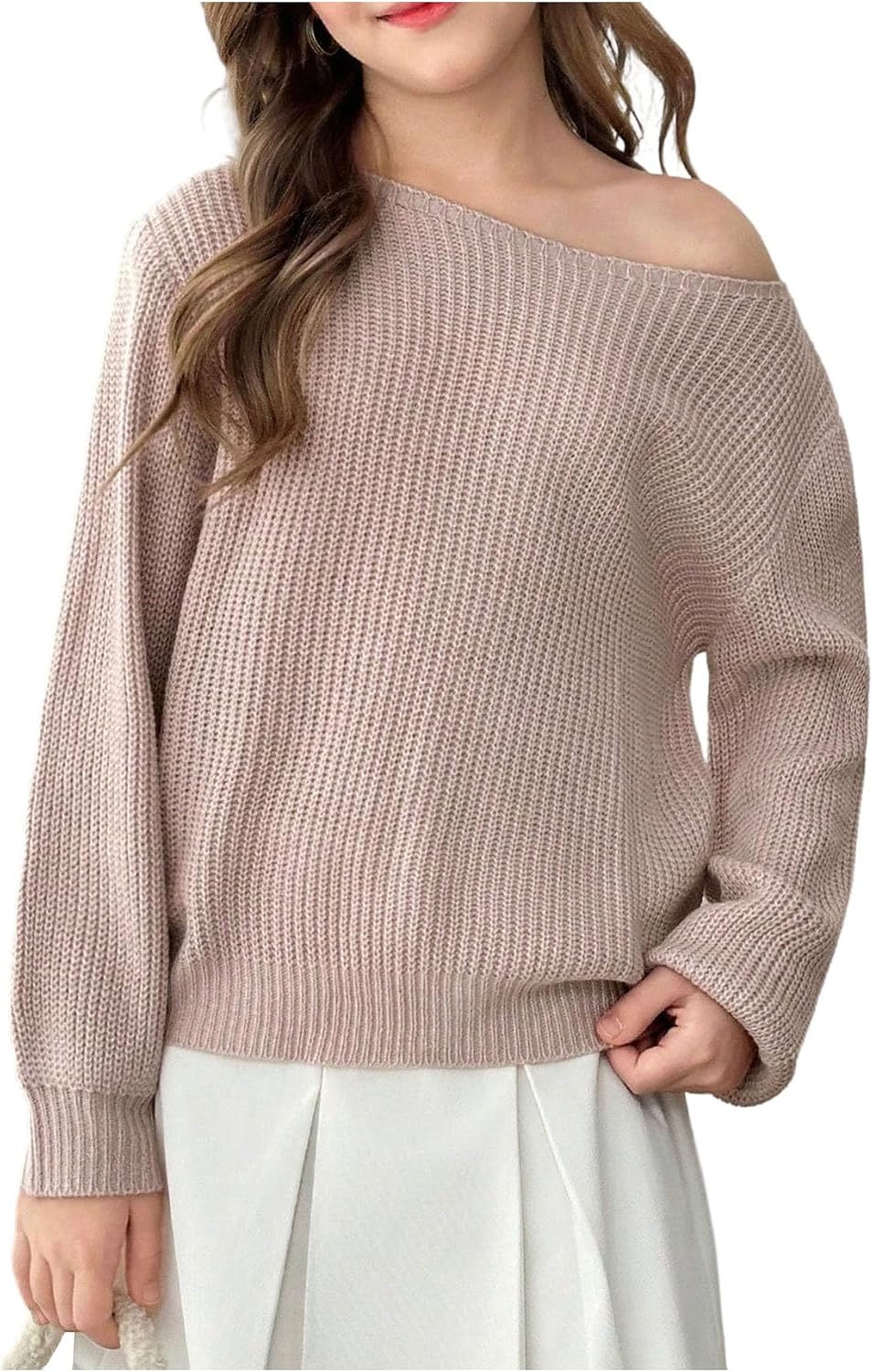 SHENHE Girl's Off The Shoulder Sweater Long Sleeve Boat Neck Fall Soft Knit Sweater Pullover