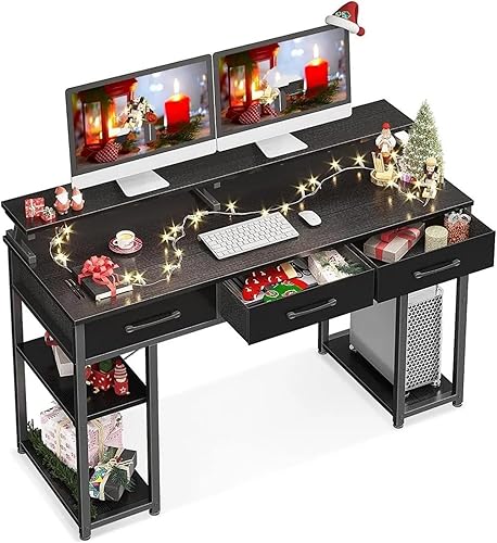 Miniatura 6 de Escritorio para computadora con cajones y estantes de almacenamiento, escritorio de oficina en casa de 55 pulgadas con soporte para monitor, estudio