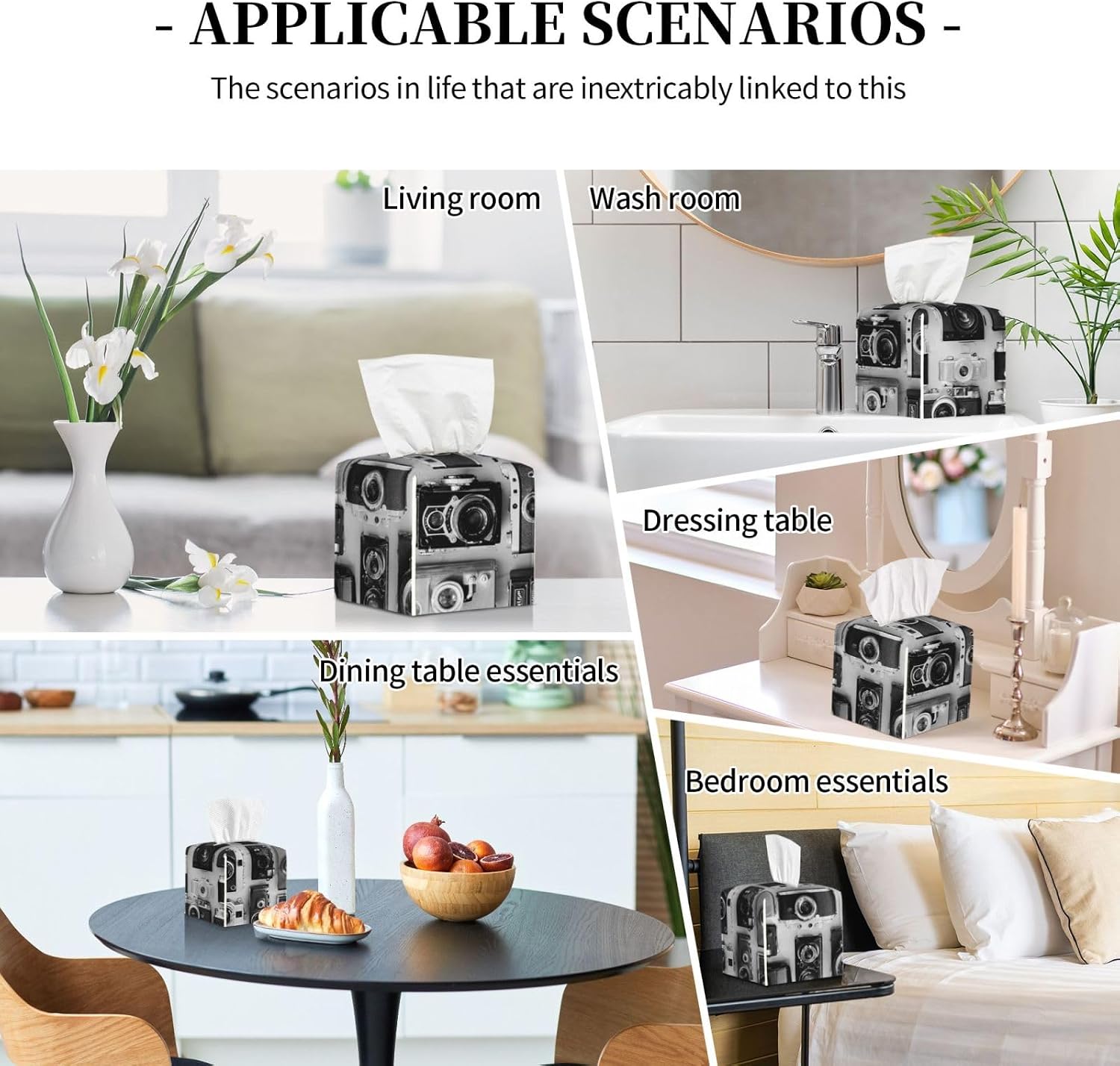 Tissue Box Cover PU Leather Square Tissue Box Retro Cool Camera Tissue Holder Napkin Dispenser Decorative Tissue Box Holder Paper Holder for Bathroom Office 5.2" L x 5.2" W x 5.2" H image 5