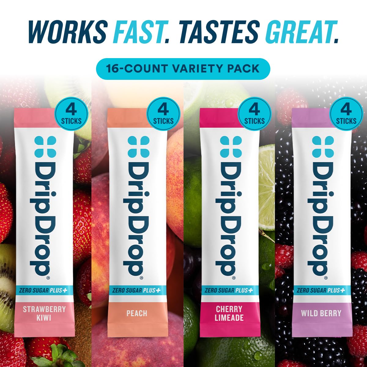 DripDrop Zero Sugar Plus Electrolyte Powder Packets, Variety Pack, 16 Count — Amazon image 5