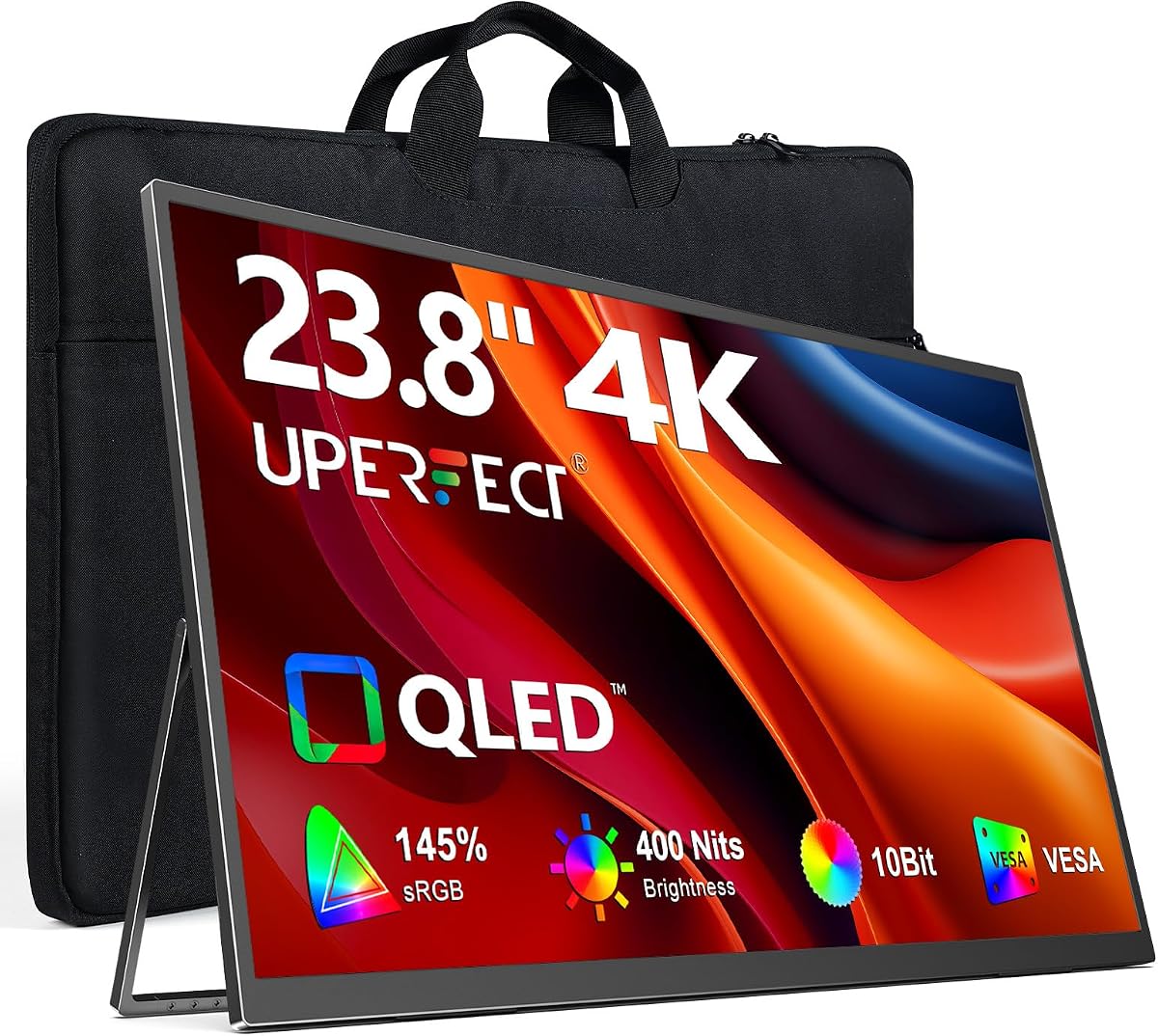 UPERFECT Monitor Portátil 4K 24" QLED, 400 Nits 145% sRGB Monitor Grande | 3840 * 2160 UHD | USB-C y HDMI | VESA y Soporte | Segunda Pantalla para Computadora, Mini PC, Consolas de Juegos