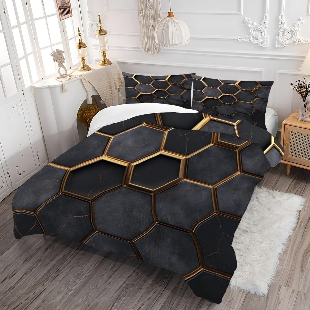 Zestaw pościeli 3D 240 x 220 cm sztuka geometryczna plaster miodu 3-częściowy zestaw poszewek na kołdrę miękka i wygodna czarna mikrofibra poszwa na kołdrę dla dzieci dorosłych