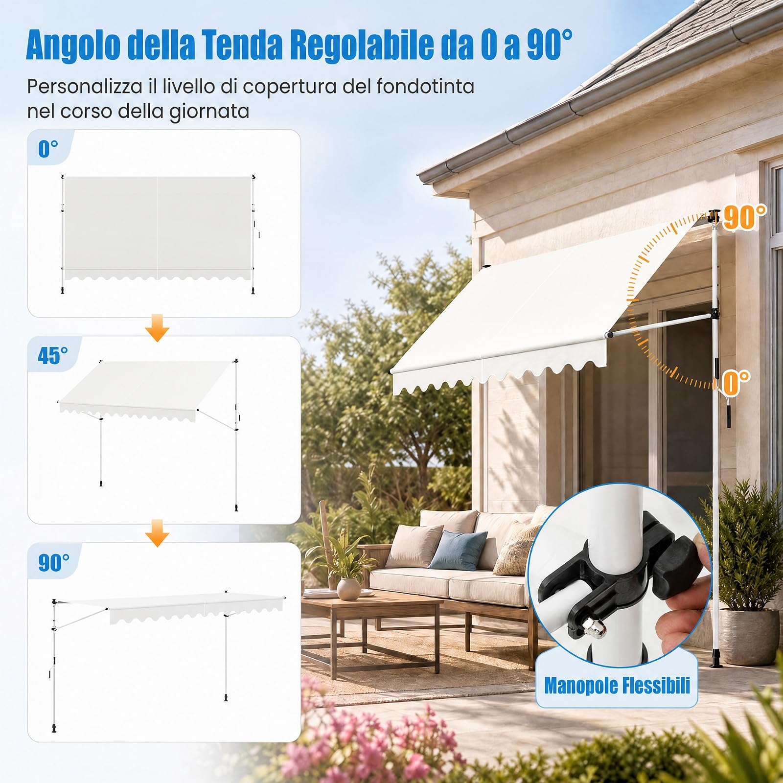 COSTWAY Tenda da Sole a Morsetto, Tenda per Balcone Senza Foratura Altezza e Inclinazione Regolabili con Manovella, Telo Impermeabile e Resistente ai Raggi Solari e Telaio Antiruggine (4M,Bianco)