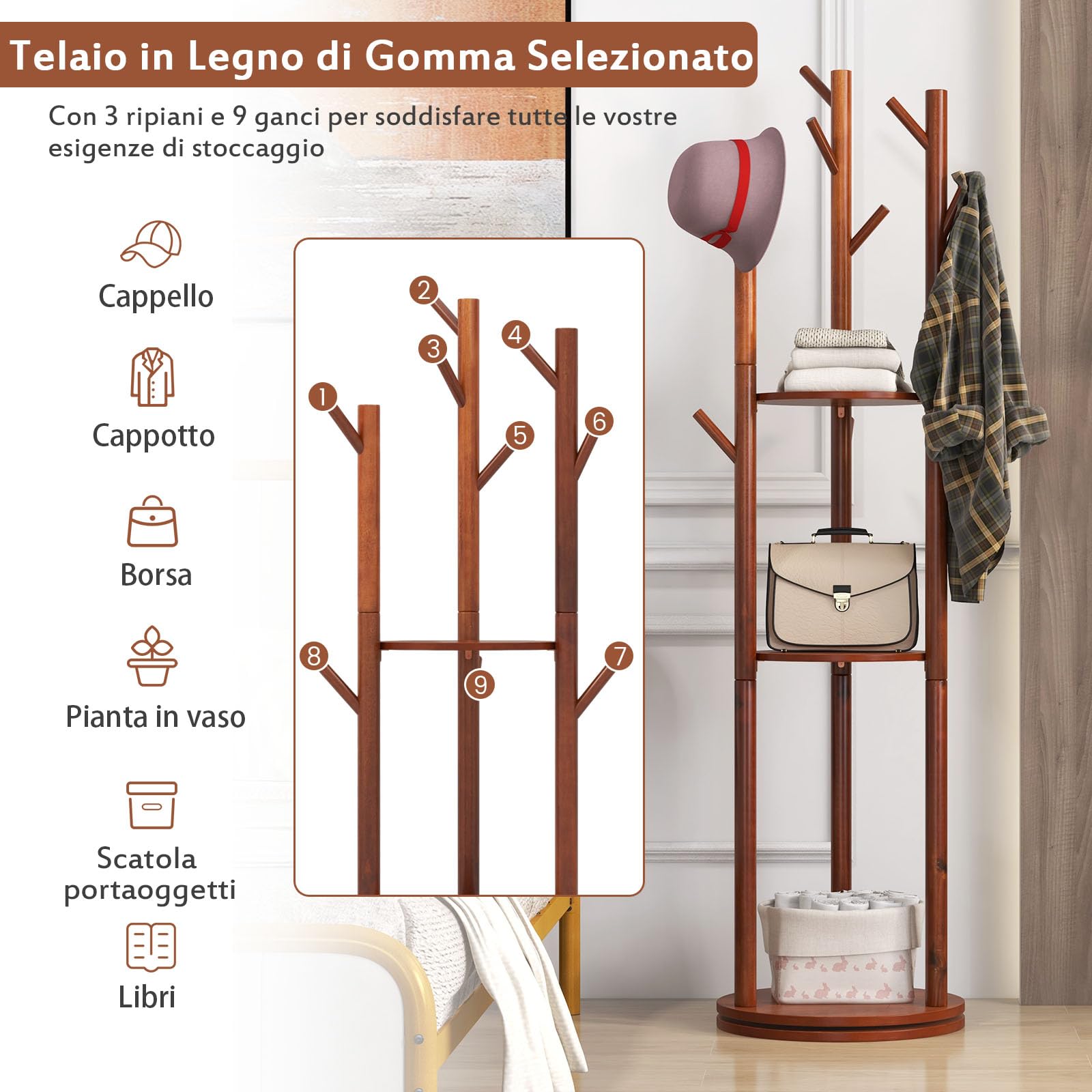 GYMAX Appendiabiti da Terra in Legno, Attaccapanni da Terra Girevole 360° con 9 Ganci e 3 Ripiani, Appendiabiti 167 cm per Ingresso, Camera da Letto, Soggiorno
