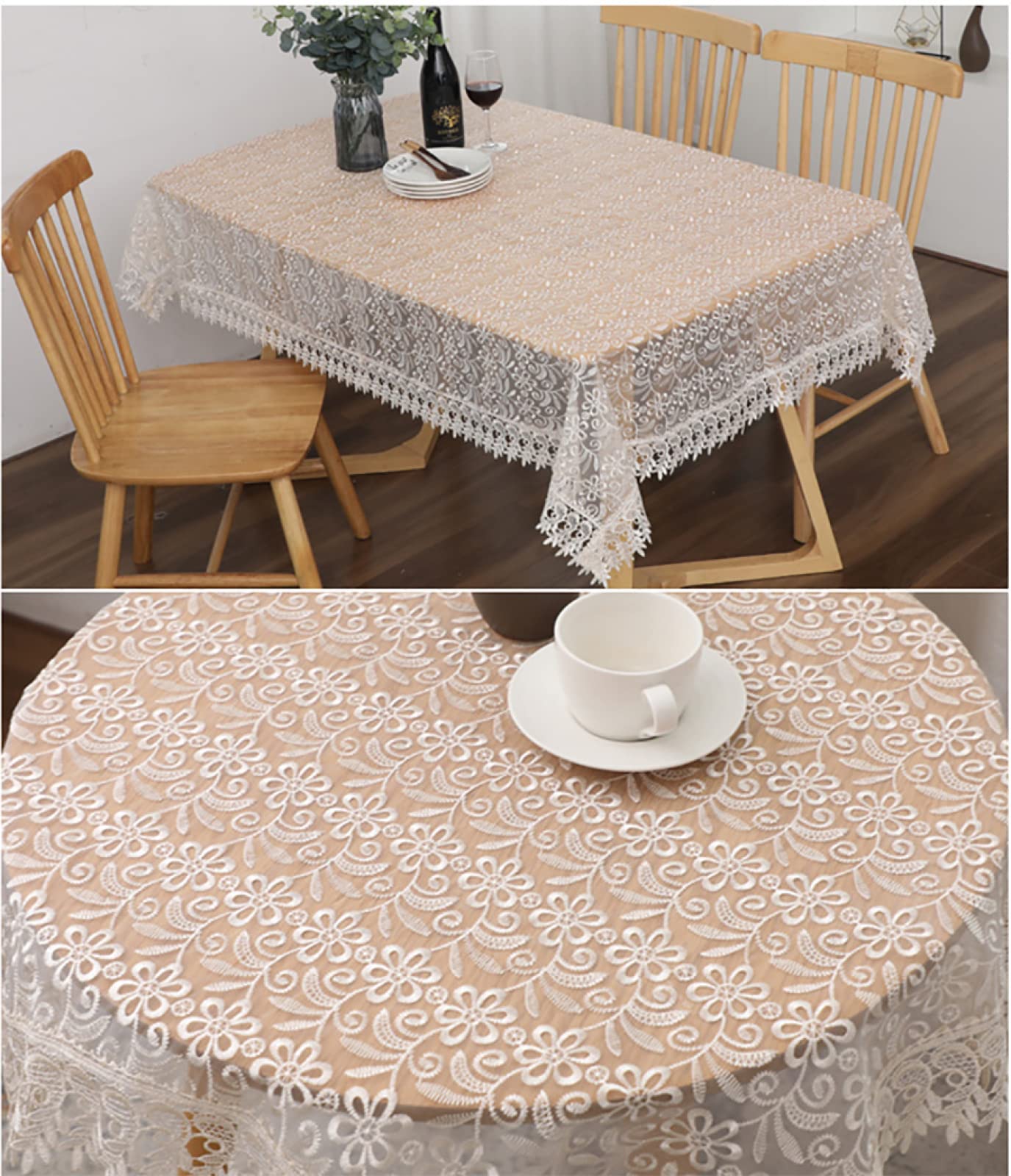 Durchsichtige Bestickte Tischdecke Im Bauernhaus-Stil Mit Spitze, Klassische Spitzen-Tischdecken Für Hochzeiten, Party-Couchtisch-Dekoration,Beige,Round-220CM(86.6 Zoll)