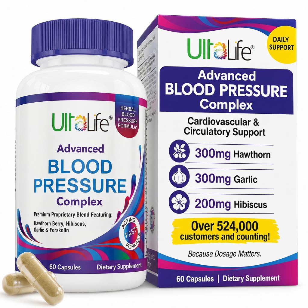 ULTALIFE Advanced Blood Pressure Supplements – 300mg Hawthorn, 300mg Garlic, 200mg Hibiscus – 14 Research-Backed Vitamins & Herbs for Cardiovascular & Circulatory Support, 60 Vegetable Capsules
