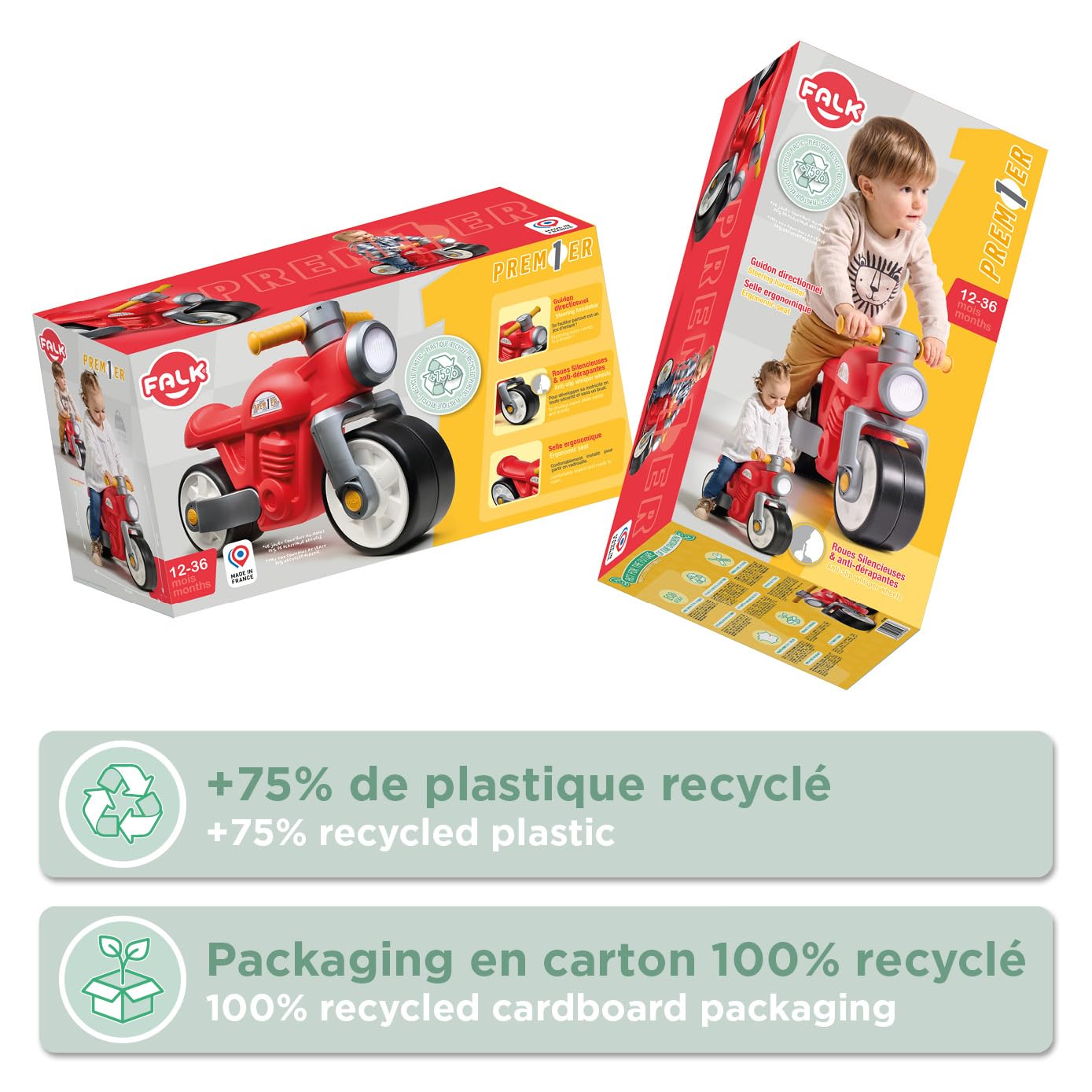Falk Draisienne Moto Prem1er Rouge Roues Extra Larges Silencieuses Guidon Directionnel Look Vintage 75% Plastique Recyclé Fabriqué France 12 Mois