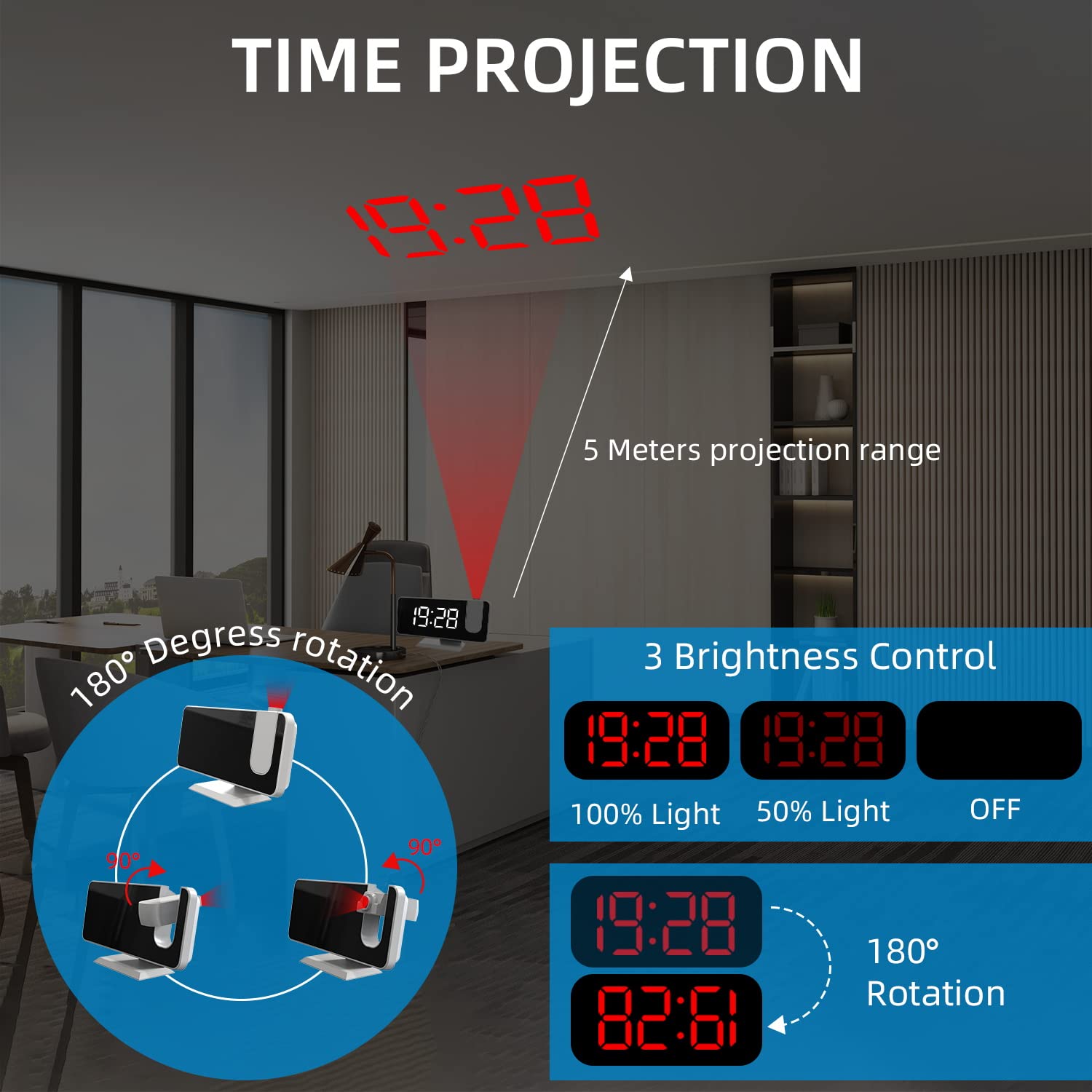 Budzik z projektorem na ścianę, podwójny alarm, drzemka, 12/24 h, port ładowania USB, LED, lustro, wyświetlacz, 4 poziomy jasności, ściemniacz, biało-biały
