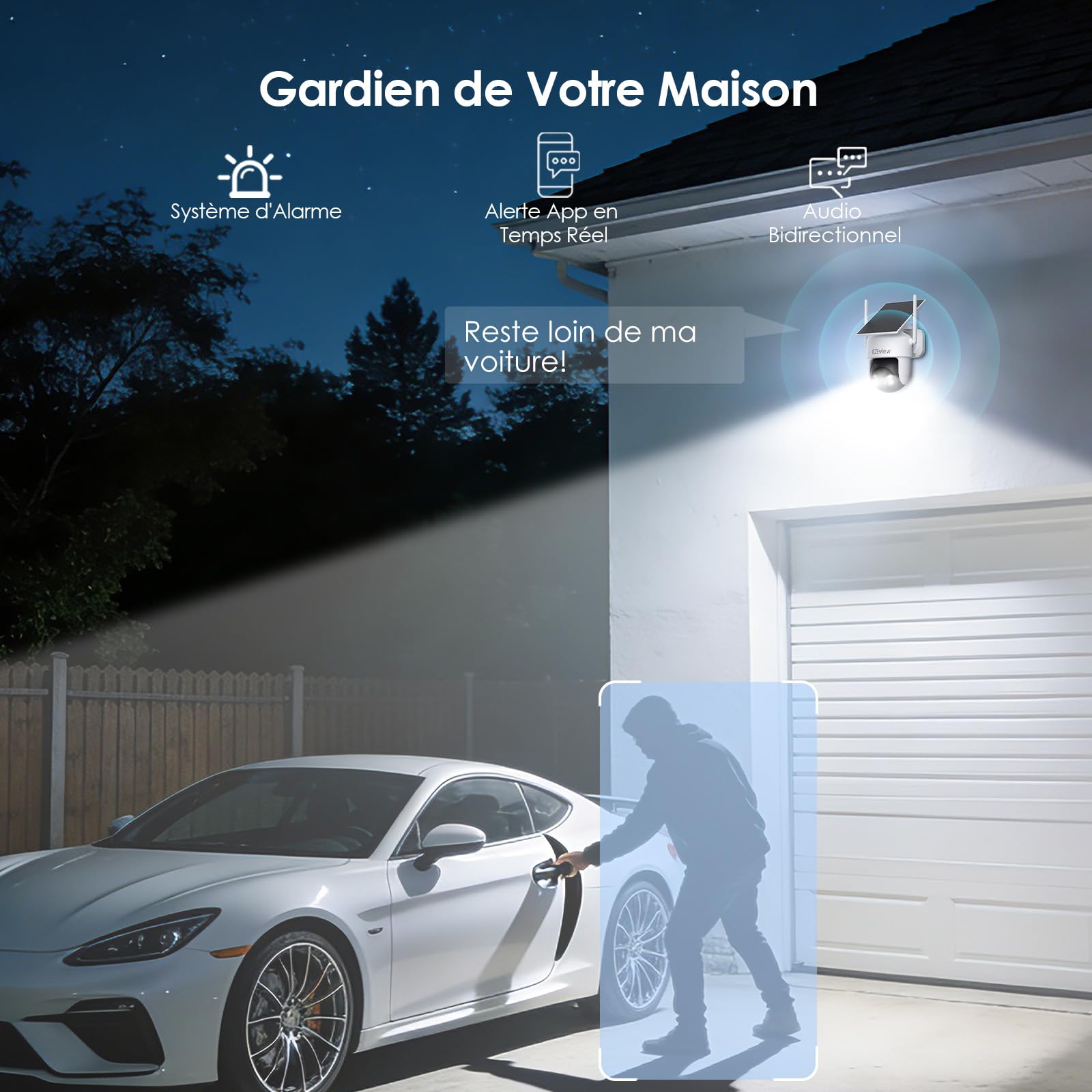 CZEview 2K/4K Camera Surveillance WiFi Extérieure Solaire sans Fil, System d'Alarme, 360° Caméra Exterieure Batterie, Détection Mouvement, Vision Nocturne en Couleur (Blanche, 2k)