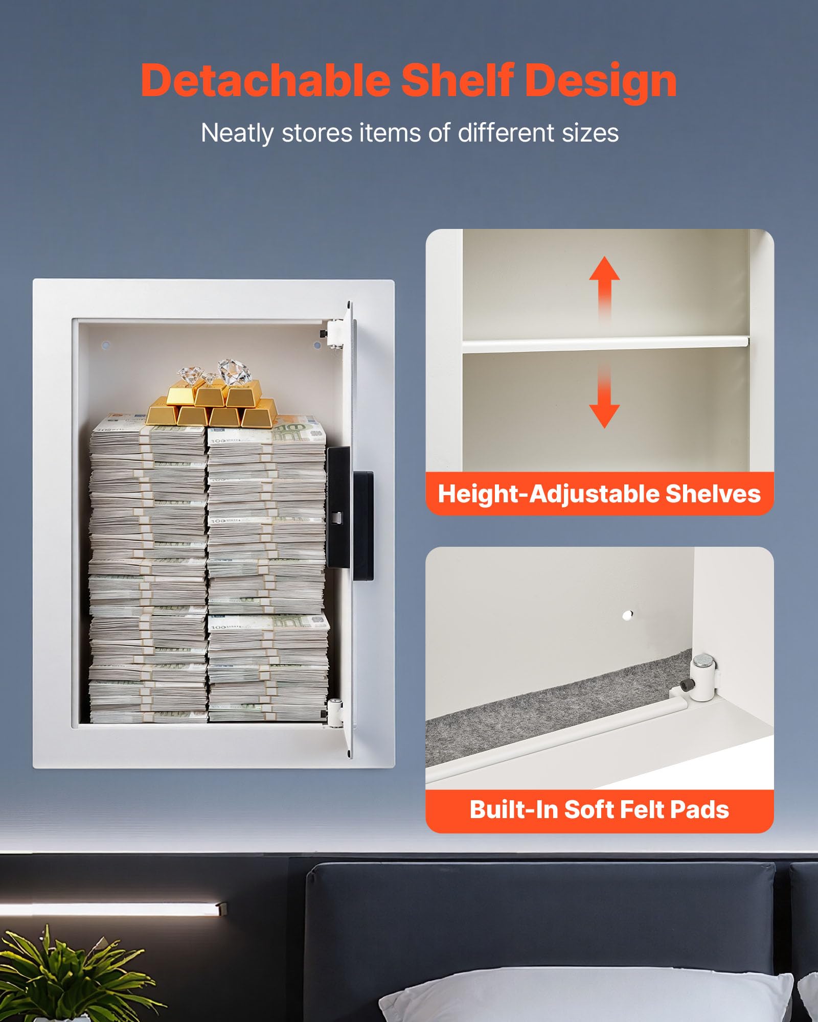VEVOR Cassaforte a Muro da 102 x 413 x 559 mm con Password e Chiave, Alloggiamento Integrato in Acciaio Laminato a Freddo Q235 con Ripiani Regolabili e Illuminazione a LED, per Denaro, Gioielli