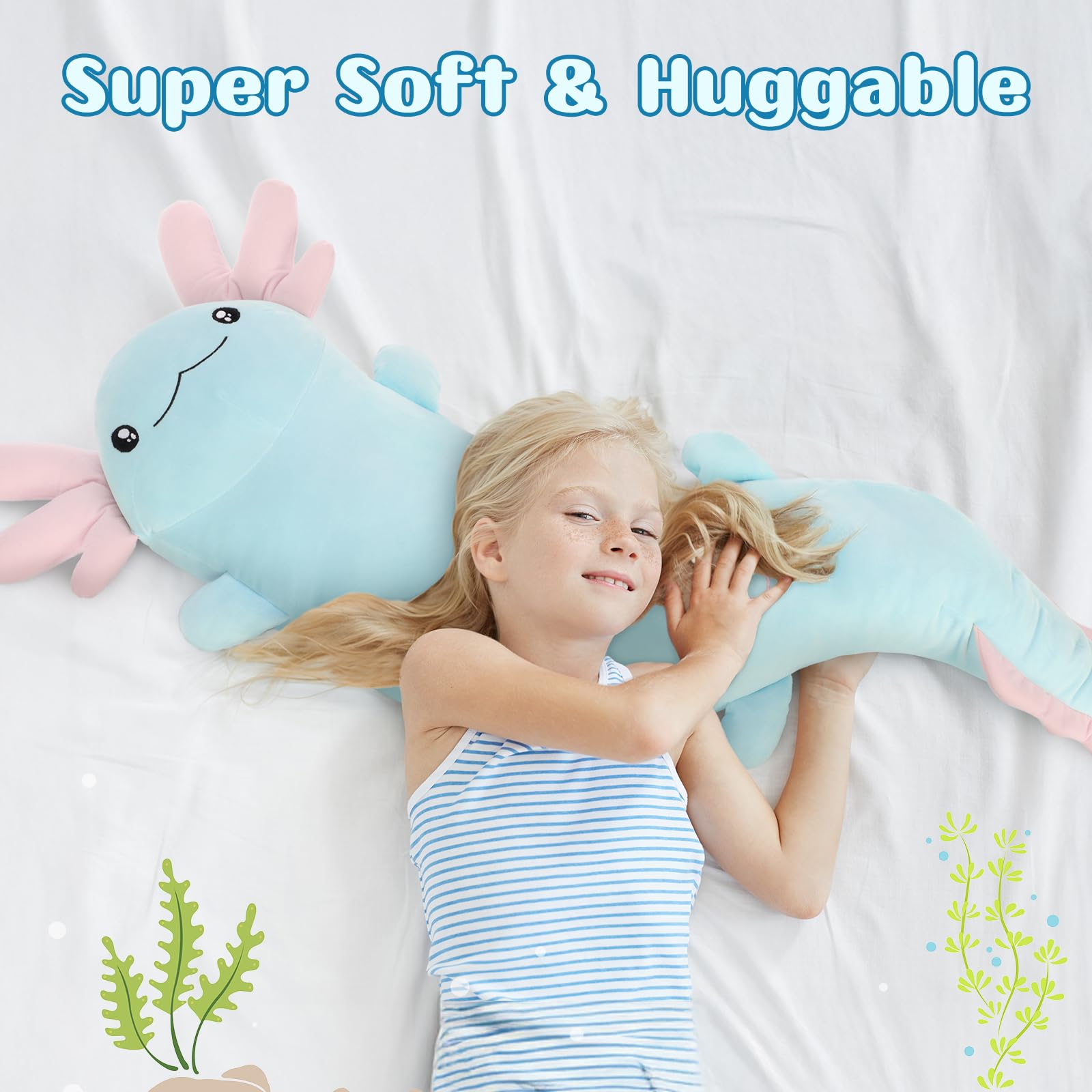 MorisMos 122cm lang Axolotl Kuscheltier XXL Kissen, Geburtstag Geschenk für Kinder Baby,blau rosa