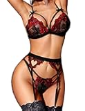 Women Lingerie Sets with Garter Belt 3 Piece Lace Teddy Babydoll Bodysuit