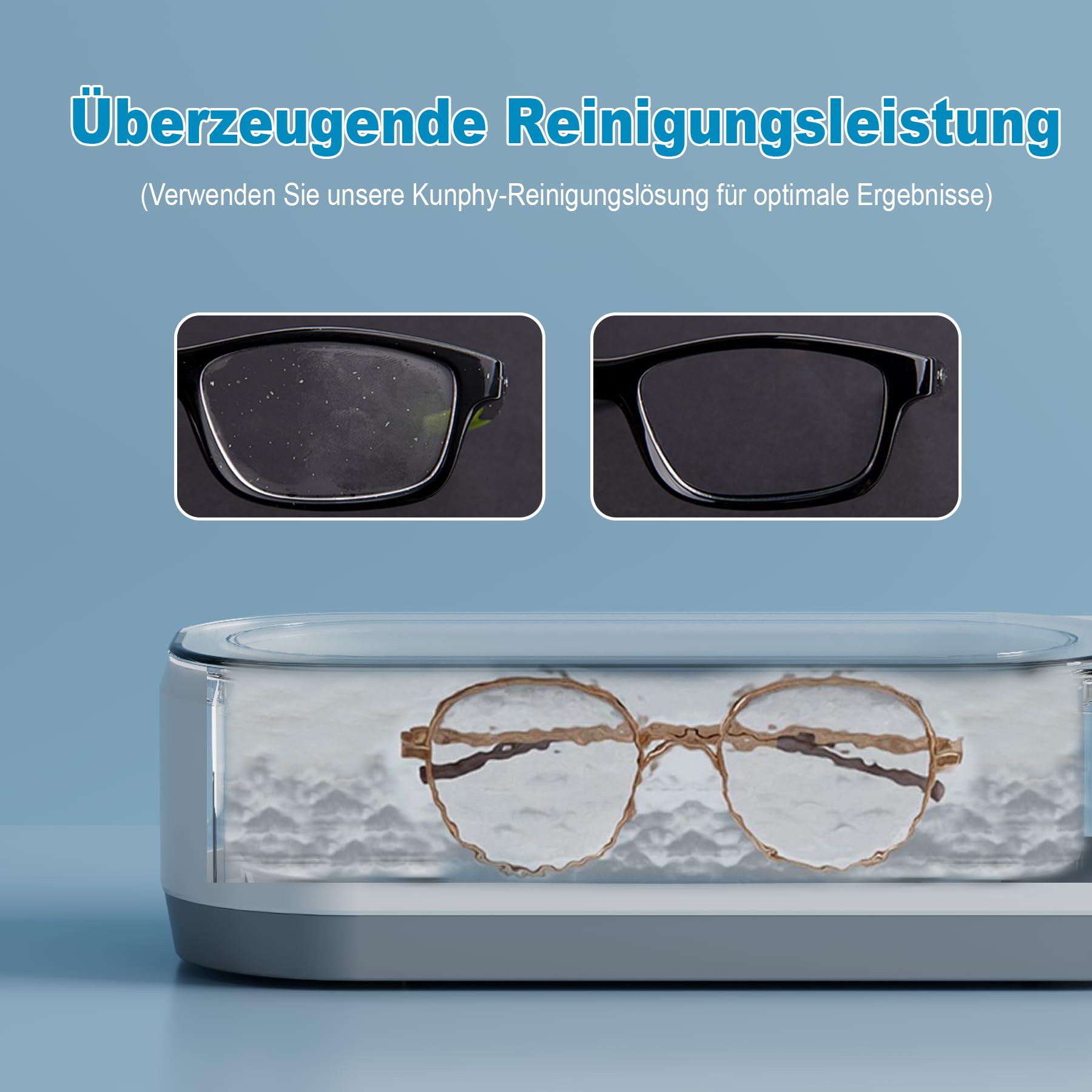 KUNPHY Limpiador Ultrasónico Multiusos 350ml 46KHz, Aparato de Limpieza por Ultrasonidos para Gafas, Joyas, Relojes, Alineadores Dentales, Prótesis Dentales y Lentillas