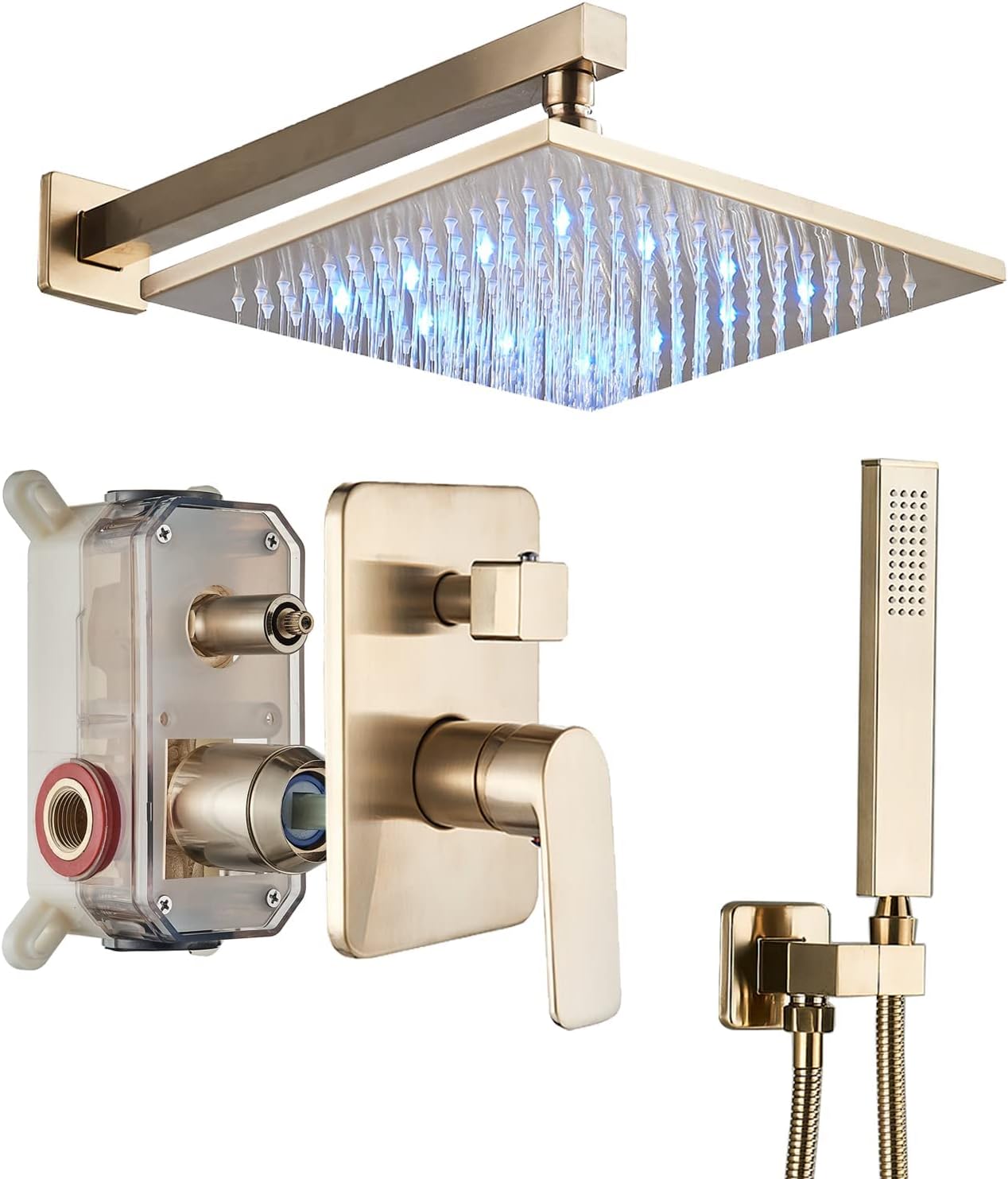 Saeuwtowy Brushed Gold Rain Shower System with 12 Inch LED Shower Head