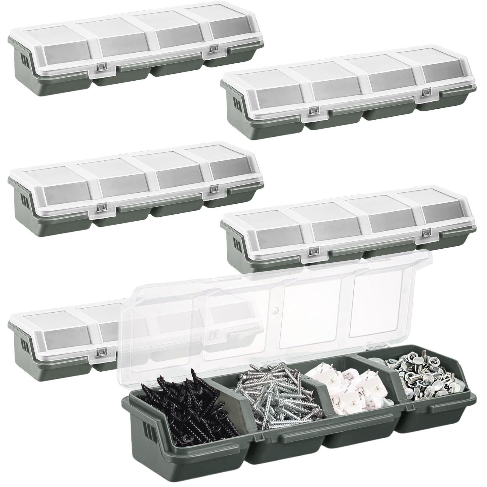 6 contenitori per viti con coperchi, in plastica, impilabili, per chiodi da garage, attrezzi artigianali, carrelli, armadietti, banco da lavoro (grigio)