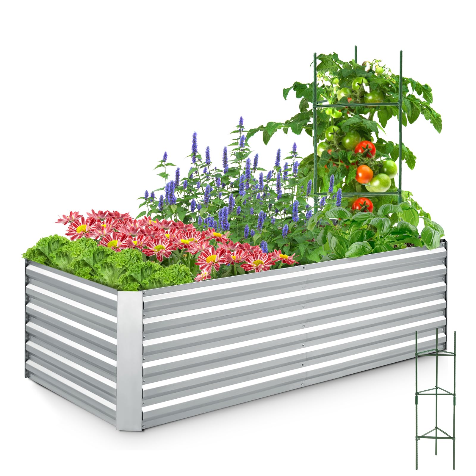 Quictent Galvanized Raised Garden Bed 6x3x2 Ft Metal Planter Box Bottomless for Backyard, Include 1 pc Tomato Cage, Silver