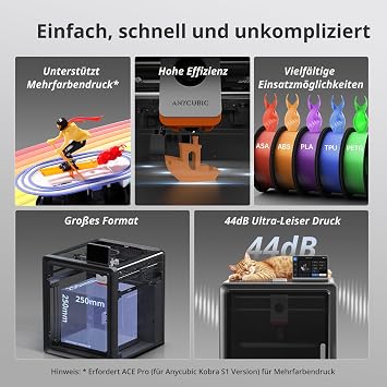 Anycubic Kobra S1 3D Printer 600 mm/s High Speed Quick Removable 320 °C Hotend Optional Multicoloured Printing via ACE Pro Print Size 250 x 250 x 250 mm