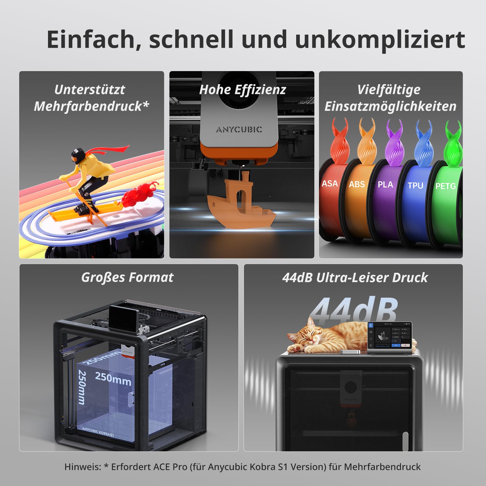 Anycubic Kobra S1 3D-Drucker, 600 mm/s Hochgeschwindigkeit, Schnell Abnehmbares 320 °C Hotend, Optionaler Mehrfarbendruck über ACE Pro, Druckgröße 250 x 250 x 250 mm