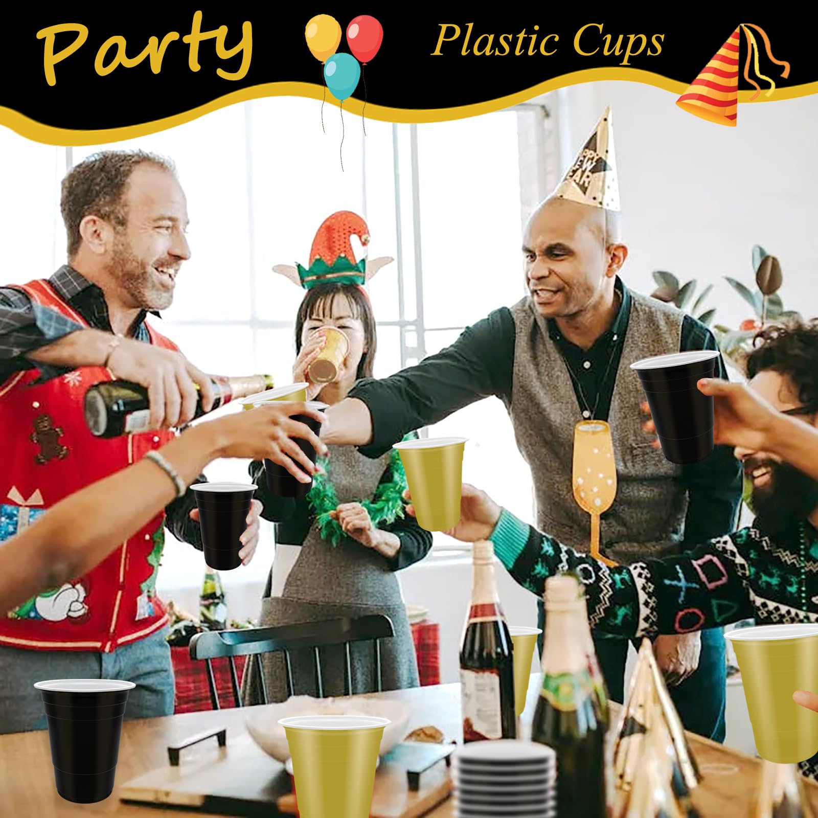 80 bicchieri di plastica nera e oro - 473,6 ml, riutilizzabili, bicchieri di plastica robusti colorati per bere, matrimoni, feste di compleanno, Natale