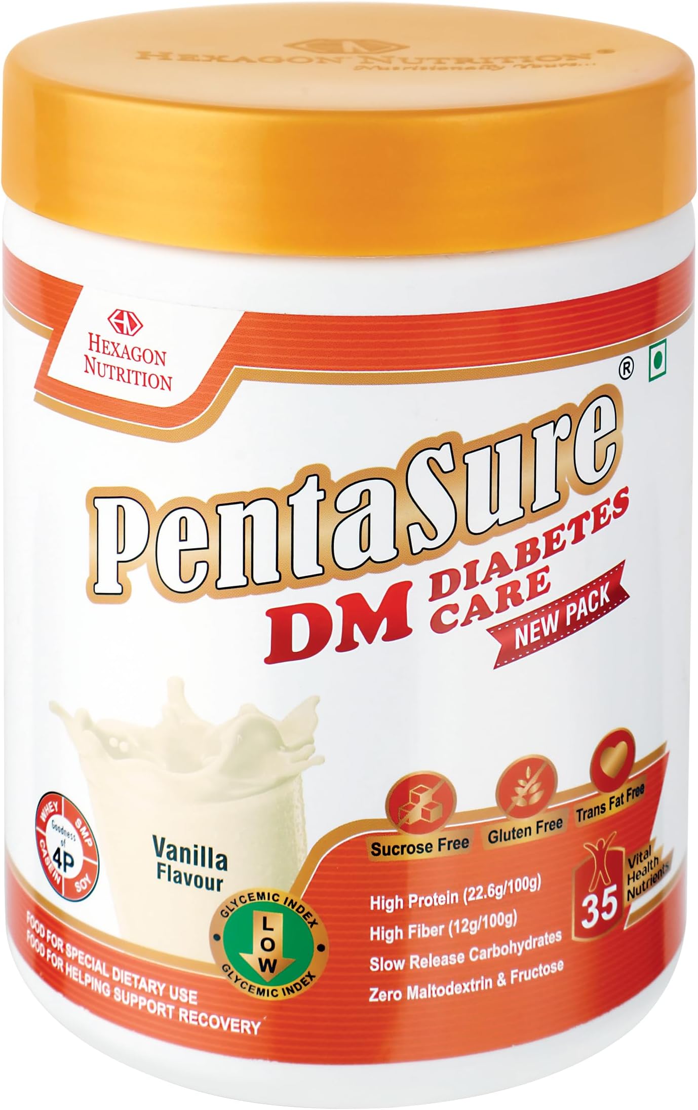 DM Diabetes Care – High Protein, High Fiber, Low GI | Zero Fructose Nutritional Drink Manages Blood Sugar, Manage Cholesterol Level | Vanilla Flavor - 400g | 4P Proteins Power | Slow Carb