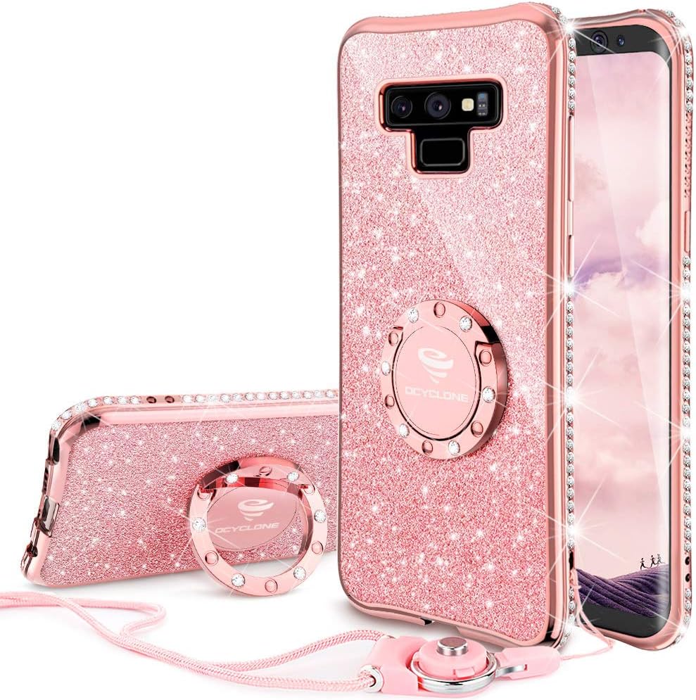 OCYCLONE Galaxy Note 9 Case, Glitter Cute Phone Case with Kickstand, Bling Diamond Rhinestone Bumper Ring Sparkly Luxury Girls Women Protective Case for Samsung Galaxy Note 9 - Rose Gold (Pink)