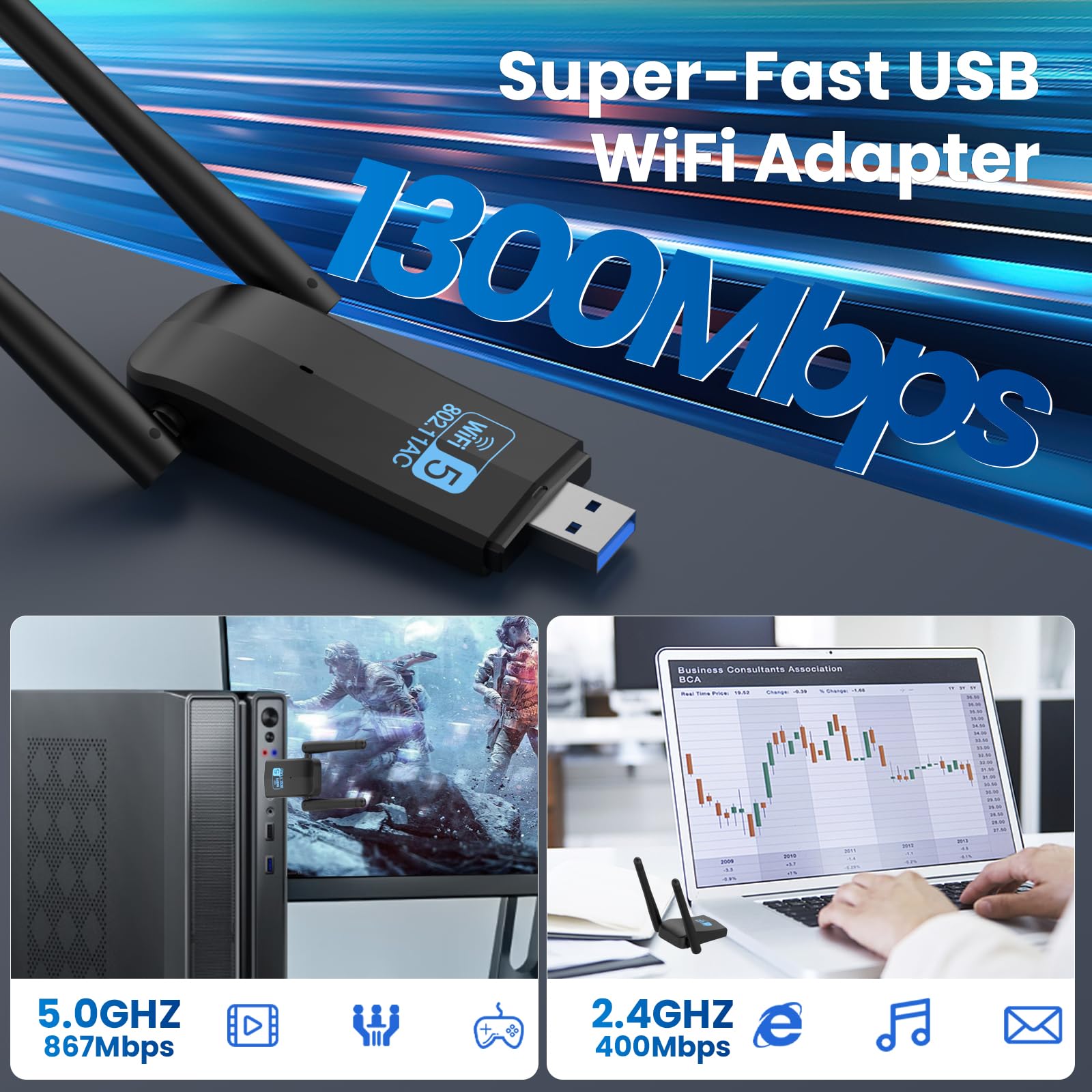Adaptador WiFi para PC de escritorio, adaptador de red inalámbrico USB 3.0, antenas duales 5Dbi de 1300 Mbps 5G/2.4G, adaptador WiFi para computadora de escritorio portátil, compatible con Windows