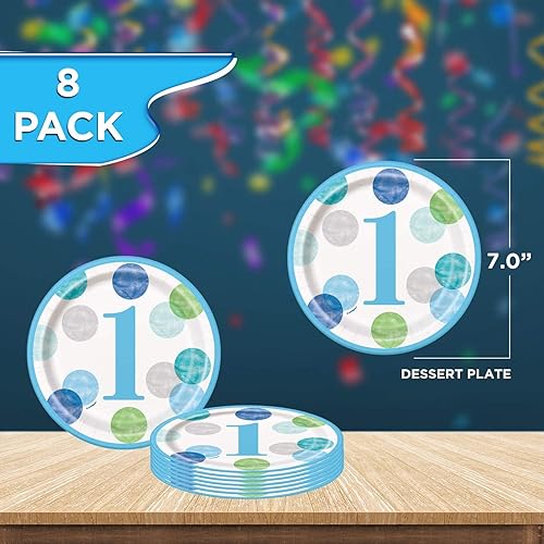 Miniatura 4 de Paquete único de 1er cumpleaños para bebé con lunares azules  Servilletas de bebidas y almuerzo, platos de cena y postre, ideal para la celebración