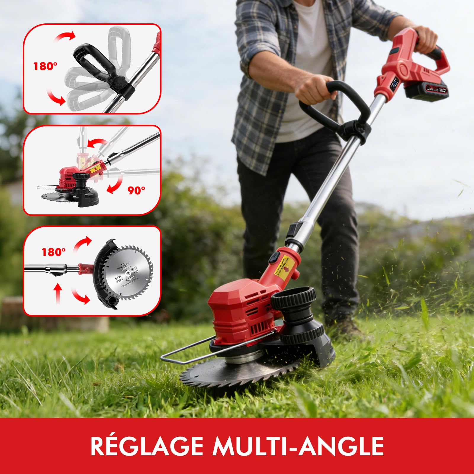 Débroussailleuse à Electrique sans Fil 21V, 3 en 1 Taille Herbe, Debrouissalleuses et Coupe Bordure, 8" Coupe Bordure avec 2 Batteries et Chargeur, Taille Bordure avec Roues & 4 Lames, pour Élagage