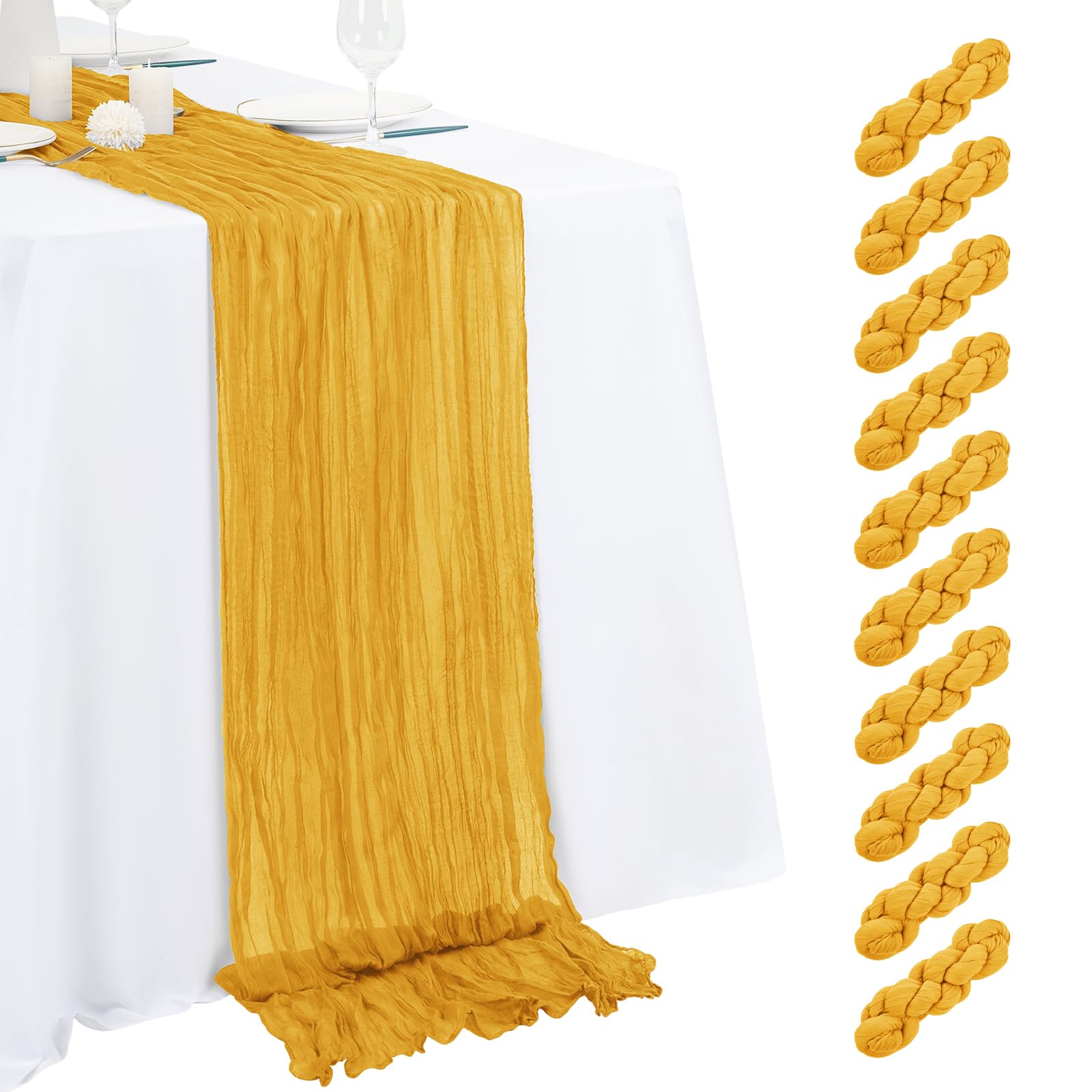 Photo 1 of 10 Pack Gold Cheesecloth Table Runner 17x108 Inch Semi Sheer Boho Gauze Cheese Cloth Table Runners, for Wedding Bridal Shower Birthday Party Home Decor Garden Farmhouse