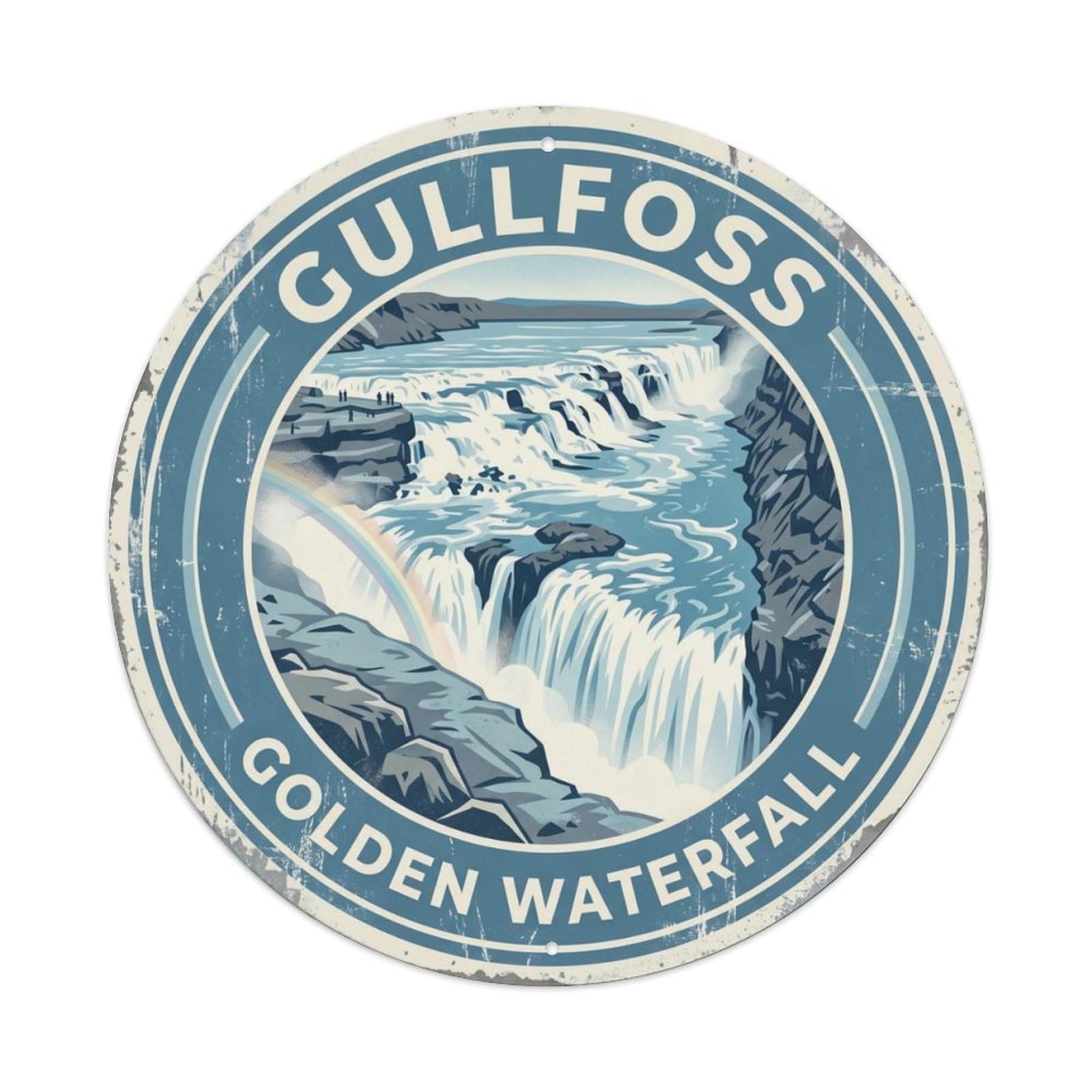 Vintage Travel Gullfoss Iceland Waterfall Metal Tin Sign Plaque Wall Decor for Cafe, Club Bar, Office, Home Garden Round Metal Poster 8x8Inch