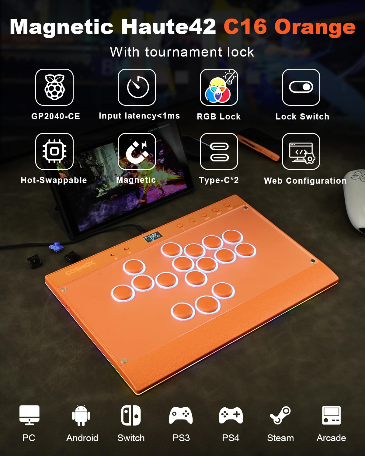 Leverless Controller Arcade Stick: Magnetischer, hebelloser Arcade-Stick mit RGB-Felgen, Premium-Haute42 C16 Arcade-Controller für PC/PS4/Switch-Spiel mit Sperrtaste, unterstützt Hot Swap und